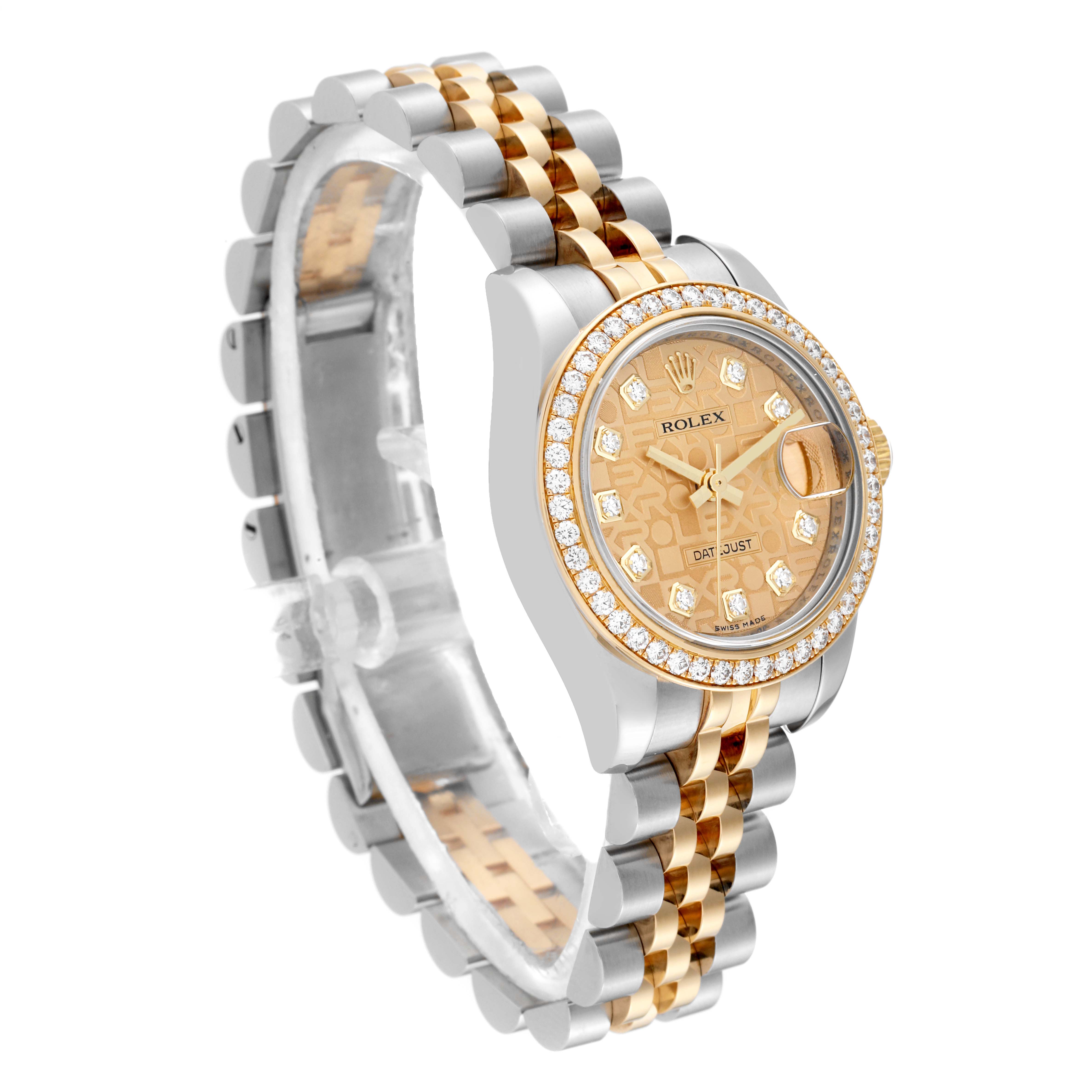 This image shows the face and bracelet of a Rolex Datejust 179383 Women's Steel and Gold (two tone) Champagne Dial 179383 Women's Steel and Gold (two tone) Champagne Dial watch at a three-quarter angle.