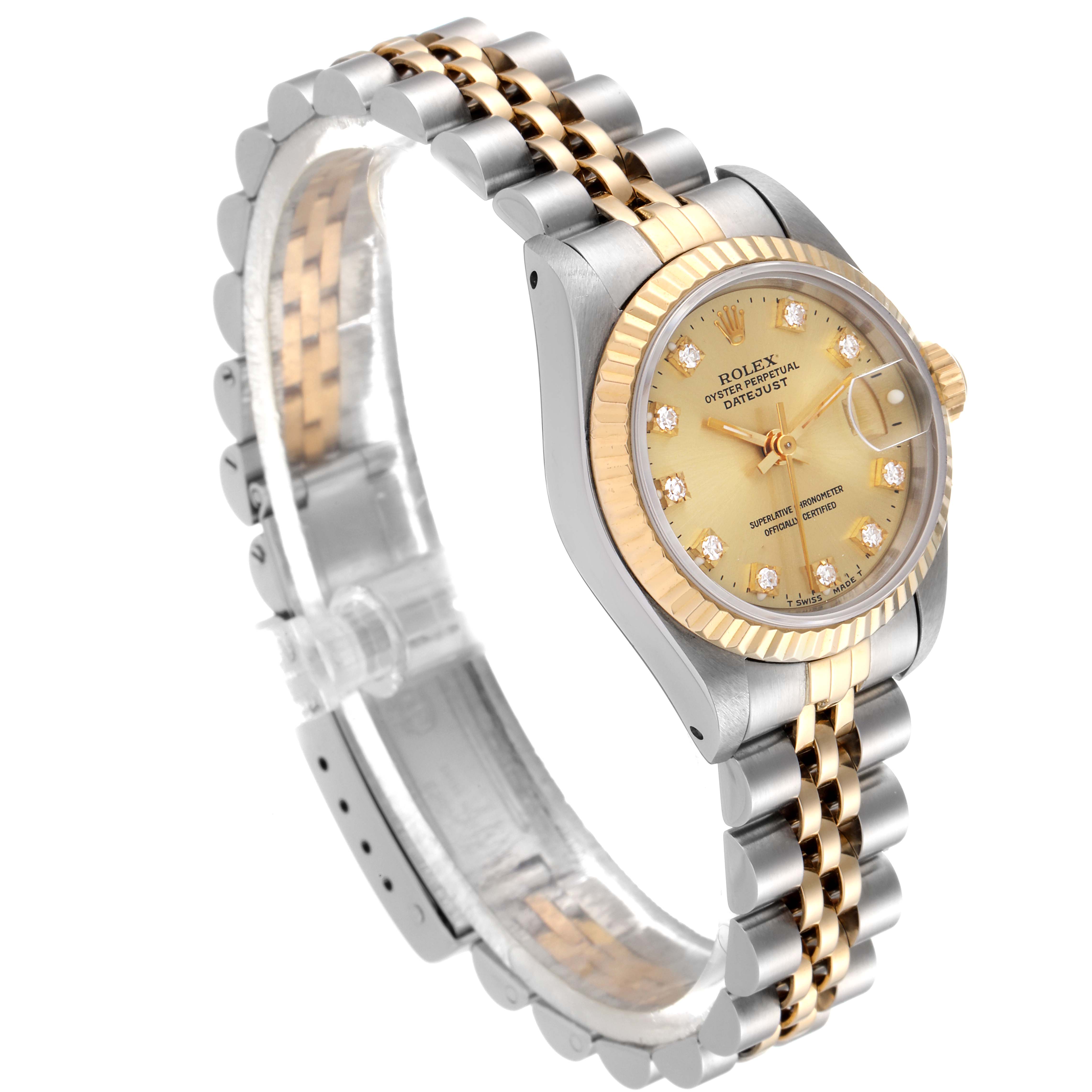The image shows a Rolex Datejust 69173 Women's Steel and Gold (two tone) Champagne Dial 69173 Women's Steel and Gold (two tone) Champagne Dial watch angled to display its face, gold and silver bracelet, and fluted bezel.