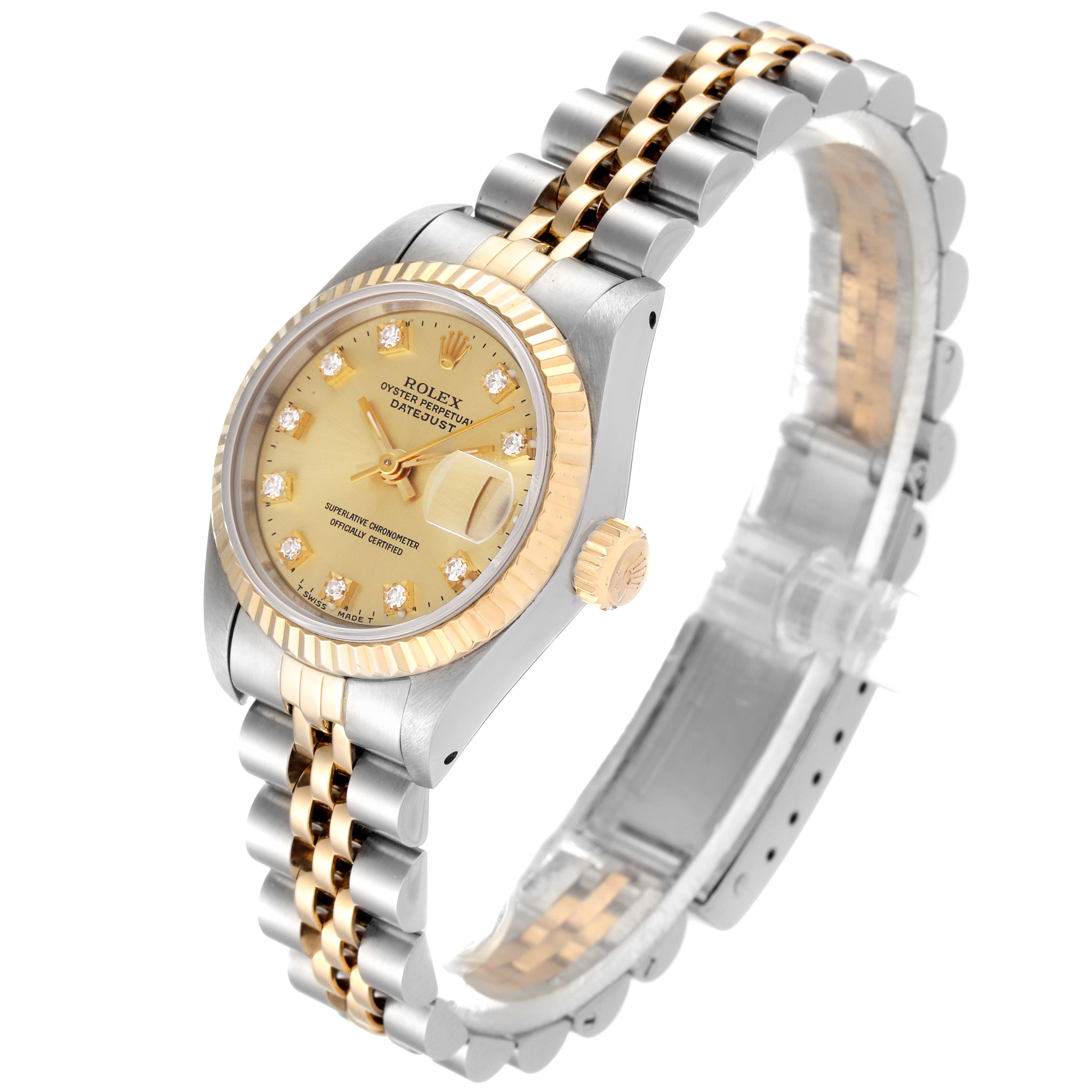 The Rolex Datejust 69173 Women's Steel and Gold (two tone) Champagne Dial 69173 Women's Steel and Gold (two tone) Champagne Dial watch is shown at a three-quarter angle, highlighting its gold and silver bezel, dial, and Jubilee bracelet.