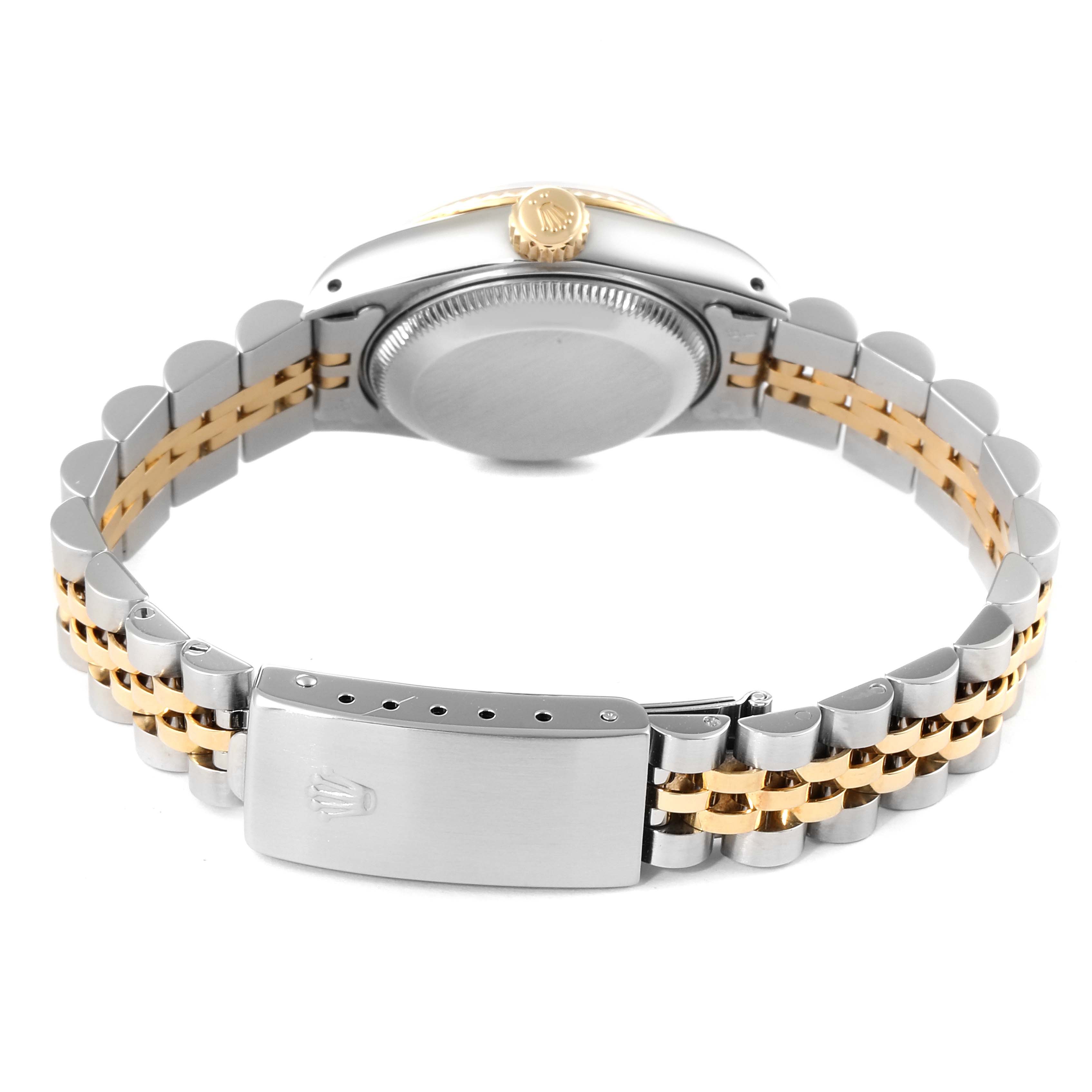 The image shows the back of a Rolex Datejust 69173 Women's Steel and Gold (two tone) Champagne Dial 69173 Women's Steel and Gold (two tone) Champagne Dial watch, highlighting its caseback, Jubilee bracelet, and clasp.