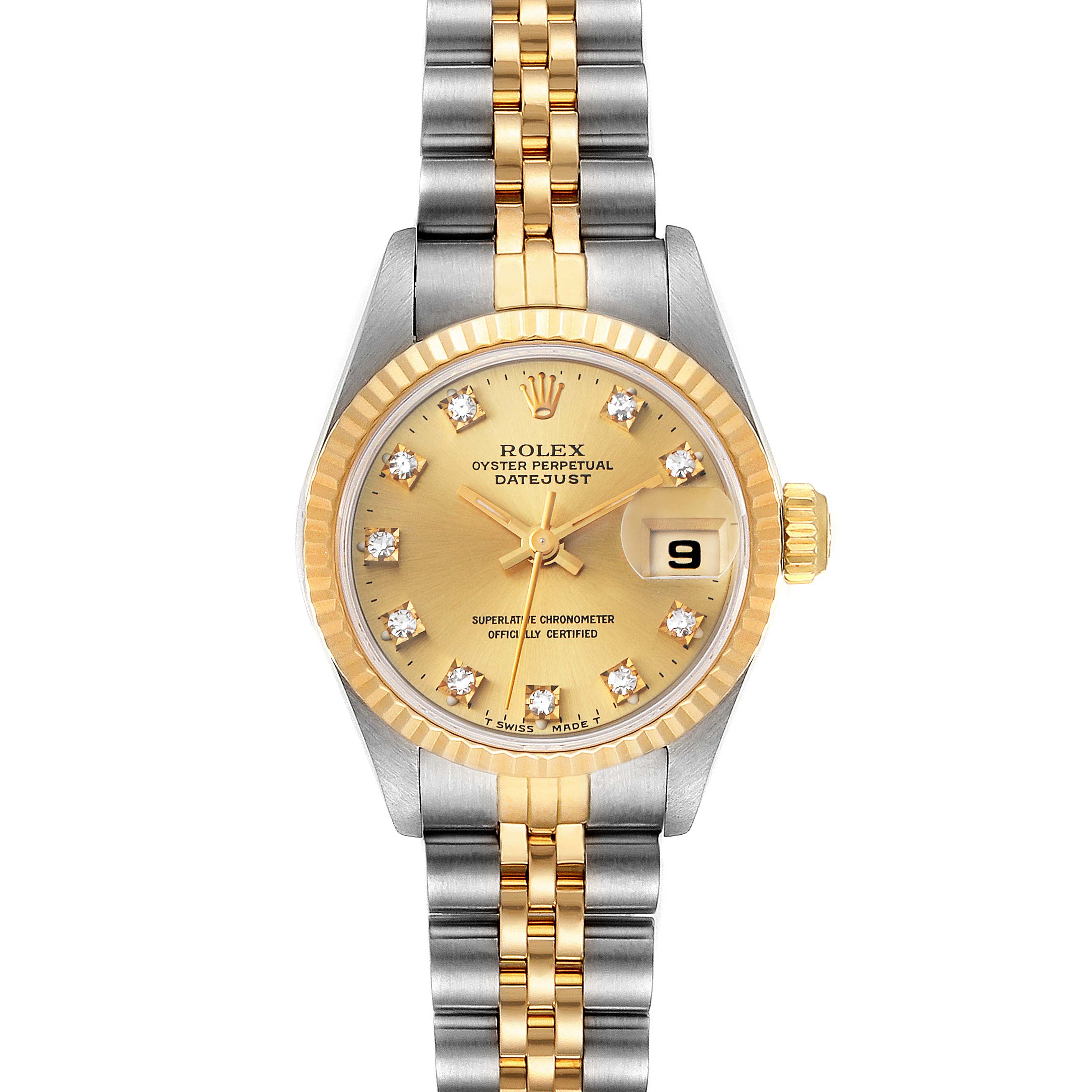 This image shows a frontal view of a Rolex Datejust 69173 Women's Steel and Gold (two tone) Champagne Dial 69173 Women's Steel and Gold (two tone) Champagne Dial watch with a gold and silver bracelet and a gold dial.