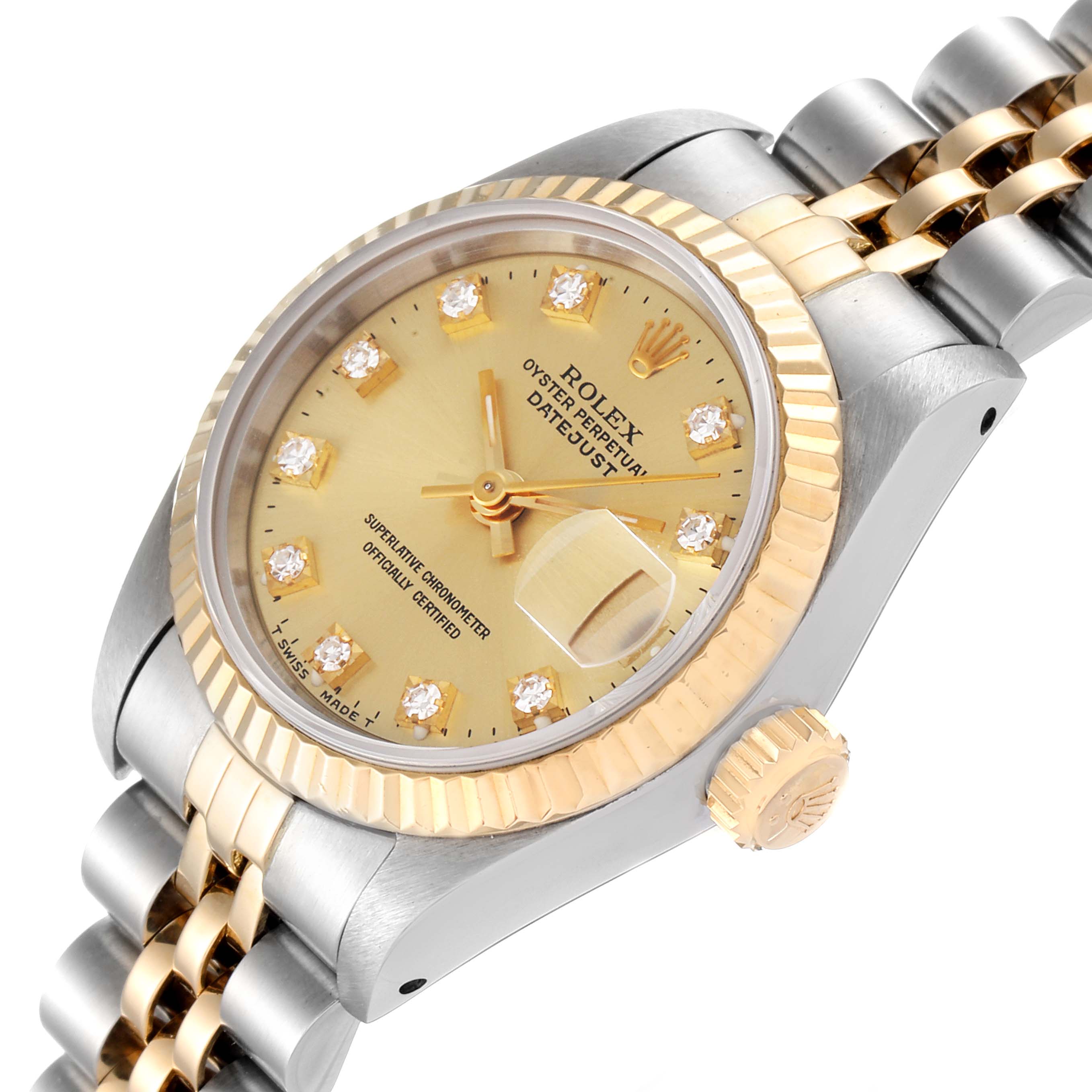 The image shows a Rolex Datejust 69173 Women's Steel and Gold (two tone) Champagne Dial 69173 Women's Steel and Gold (two tone) Champagne Dial watch from an angled top view, highlighting the dial, bezel, crown, and part of the bracelet.