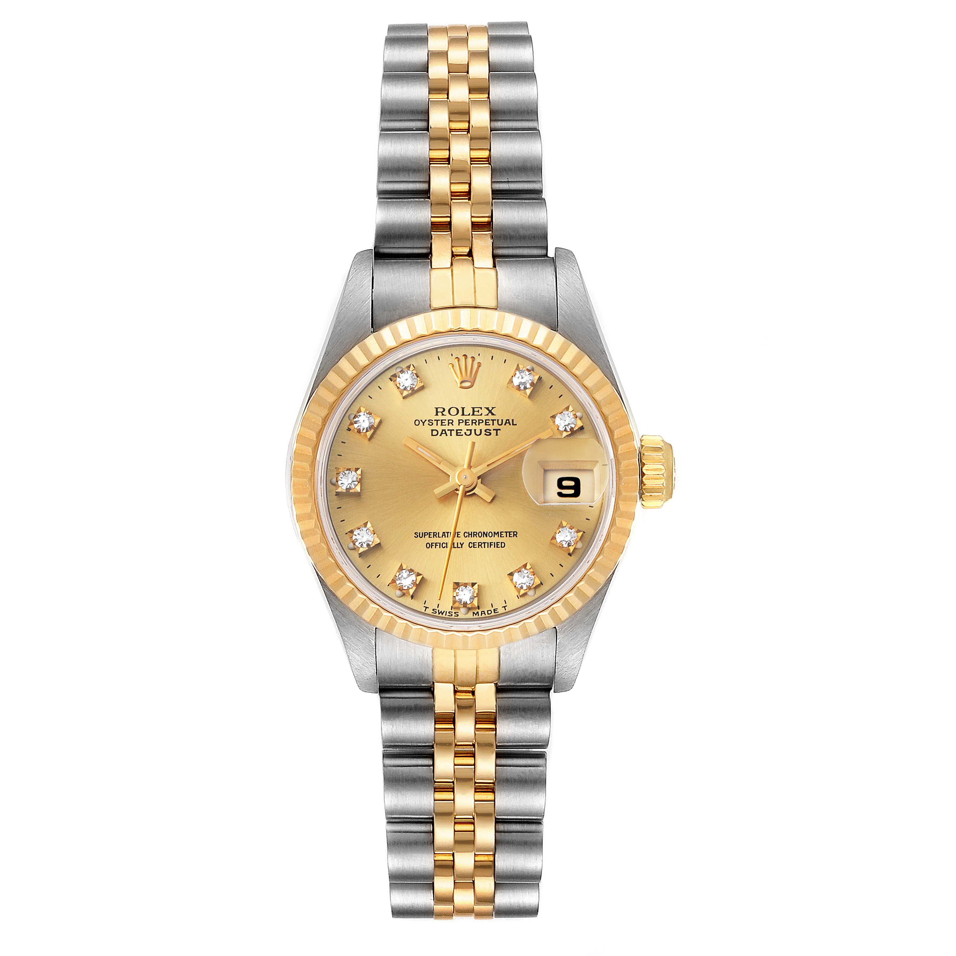 The image shows a Rolex Datejust 69173 Women's Steel and Gold (two tone) Champagne Dial 69173 Women's Steel and Gold (two tone) Champagne Dial watch from a top-down angle, featuring a two-tone bracelet, fluted bezel, and diamond hour markers.