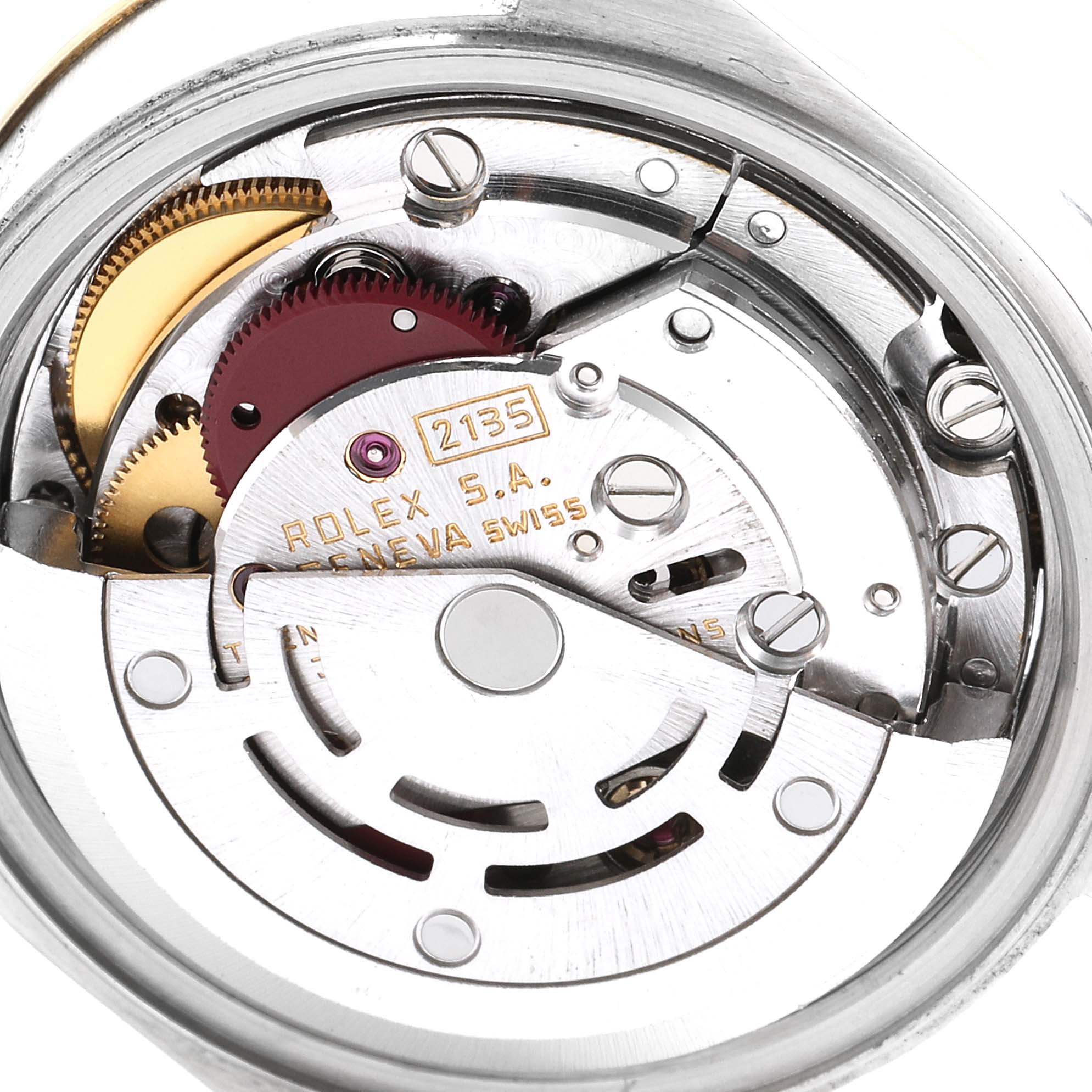 The image shows a close-up view of the internal mechanism of a Rolex Datejust 69173 Women's Steel and Gold (two tone) Champagne Dial 69173 Women's Steel and Gold (two tone) Champagne Dial watch.