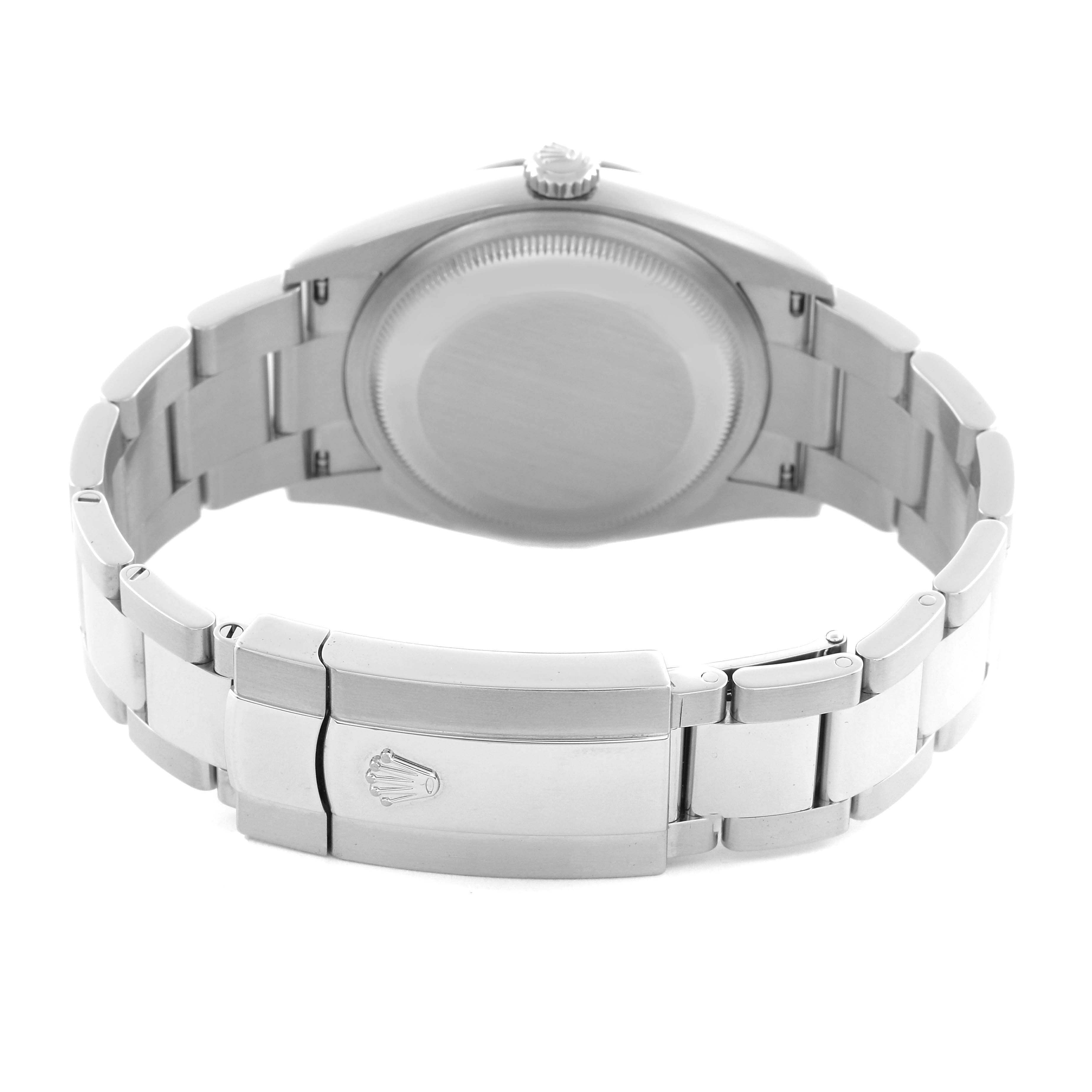 The image shows the back view of a Rolex Datejust 126200 Men
s Stainless Steel Black Dial 126200 Men
s Stainless Steel Black Dial watch, focusing on the clasp and bracelet links.