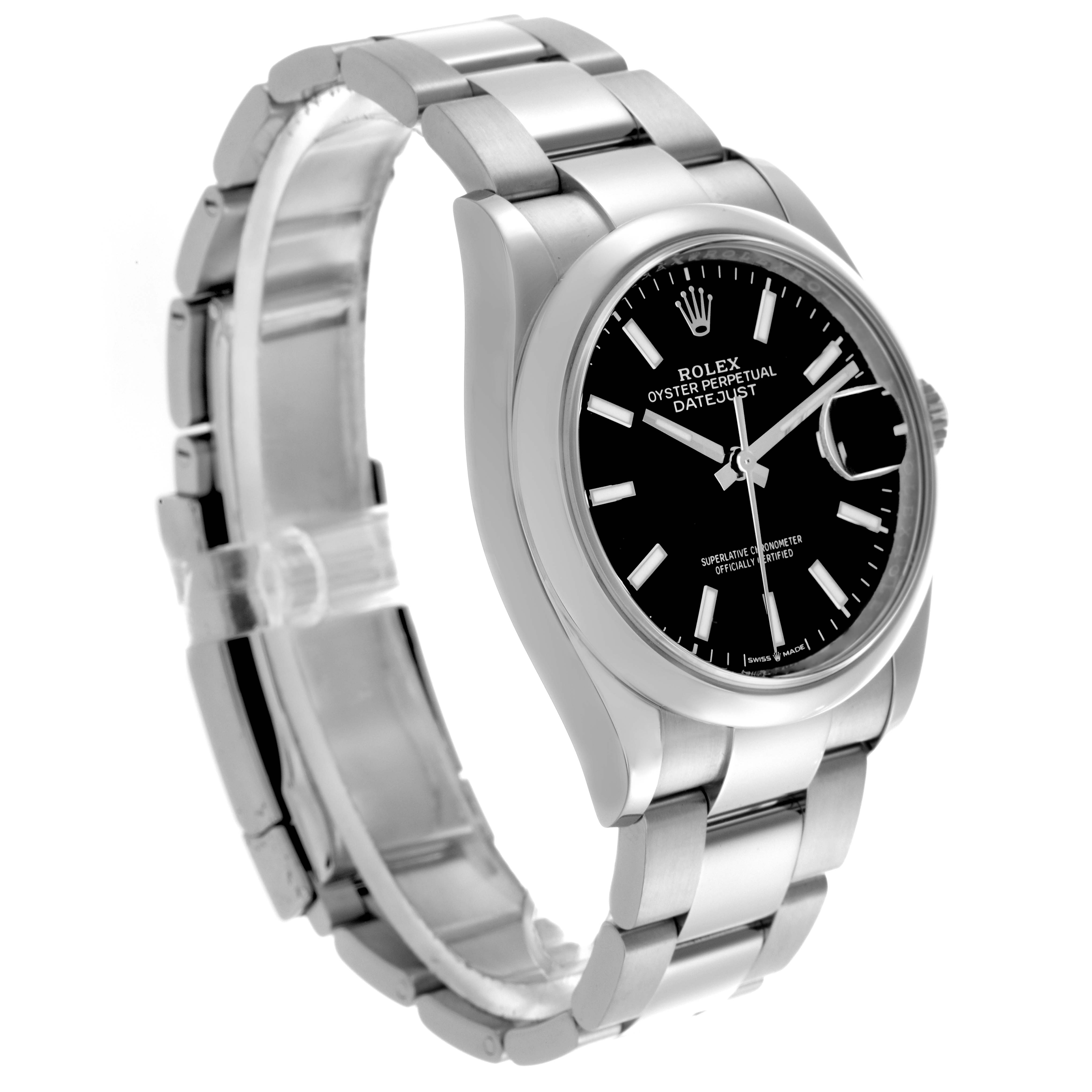 The image shows a Rolex Datejust 126200 Men
s Stainless Steel Black Dial 126200 Men
s Stainless Steel Black Dial watch at a three-quarter angle, displaying its dial, bezel, crown, and bracelet.