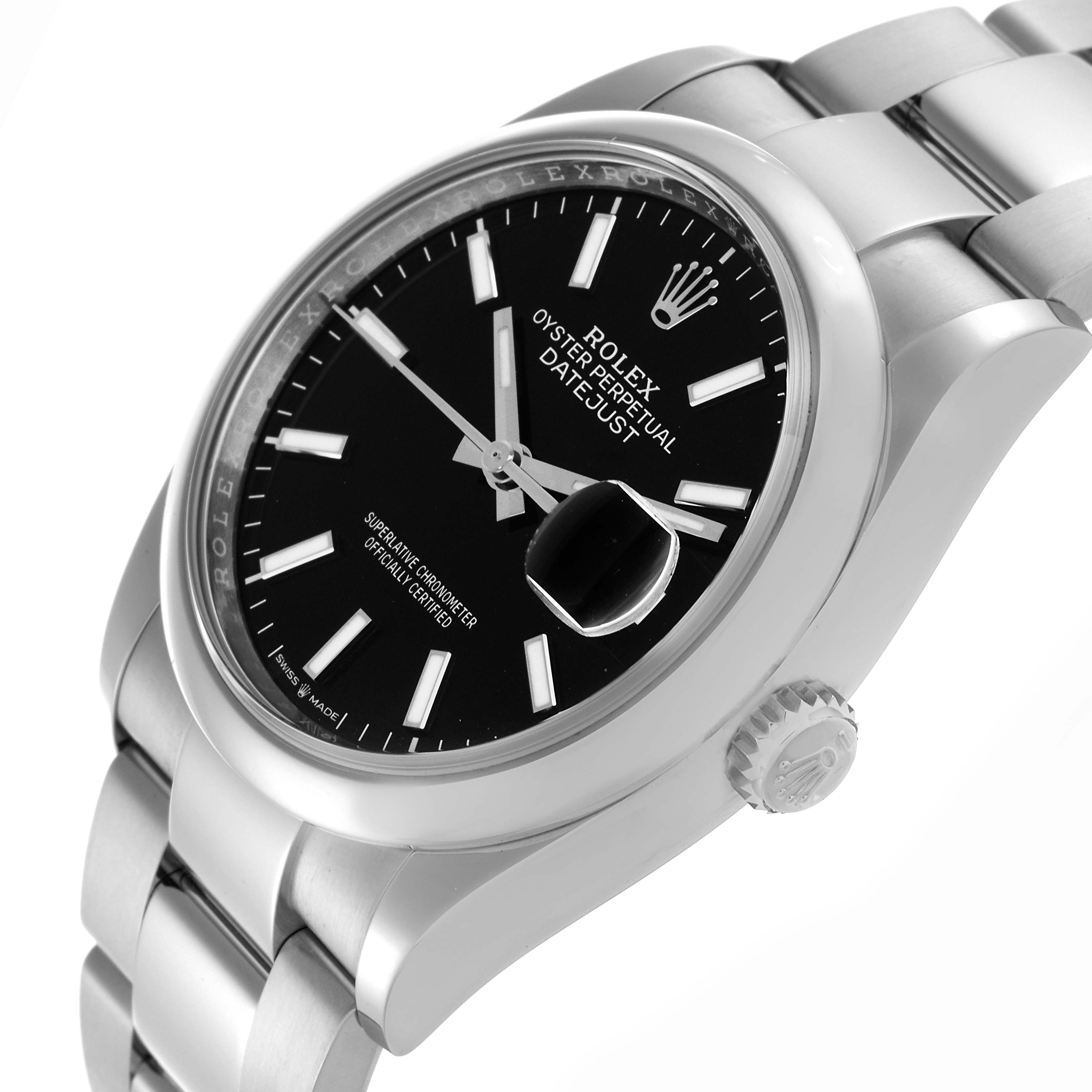 The Rolex Datejust 126200 Men
s Stainless Steel Black Dial 126200 Men
s Stainless Steel Black Dial watch is shown from a side angle, highlighting the dial, bezel, crown, and part of the bracelet.