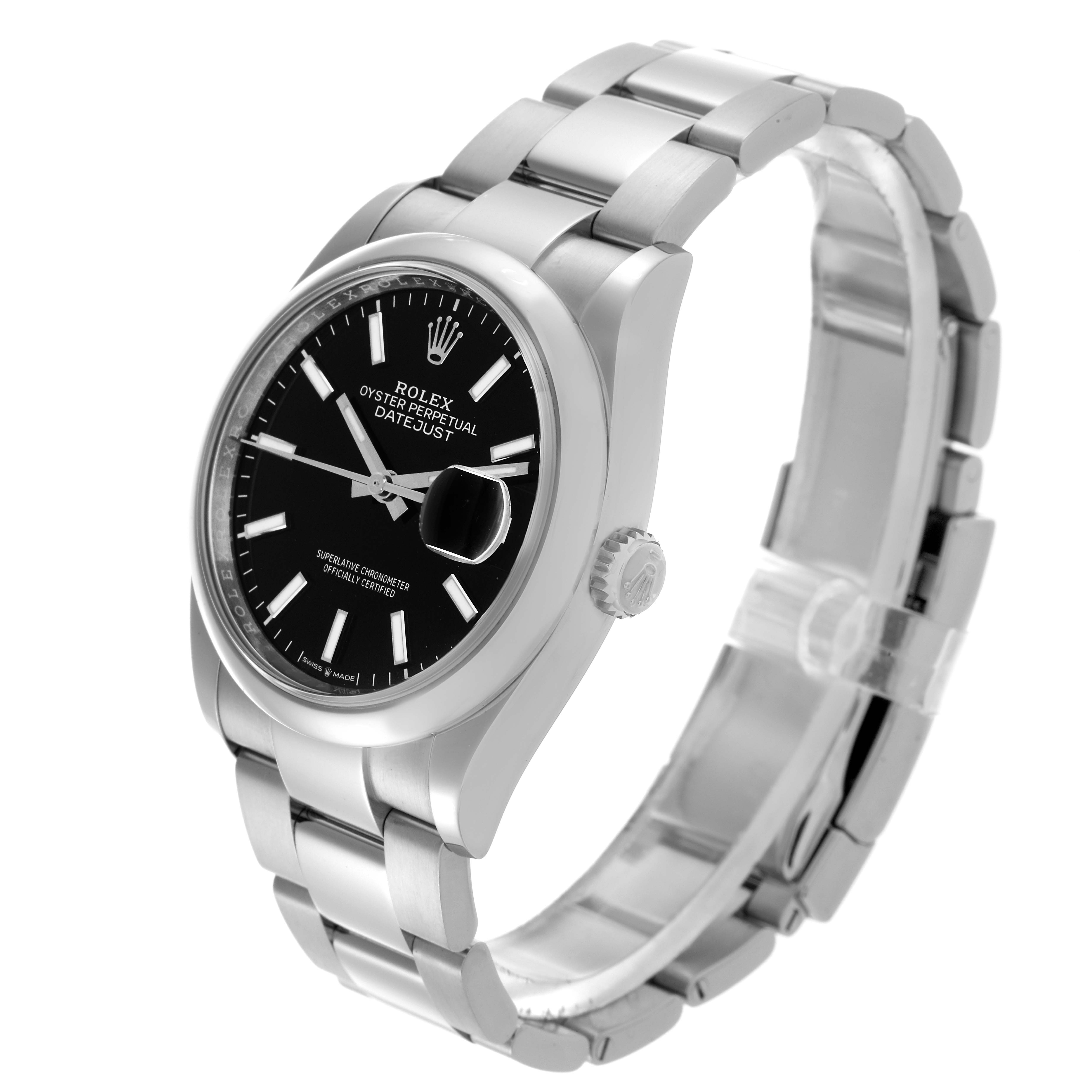 The Rolex Datejust 126200 Men
s Stainless Steel Black Dial 126200 Men
s Stainless Steel Black Dial watch is shown at a three-quarter angle, displaying the dial, bezel, crown, and bracelet.