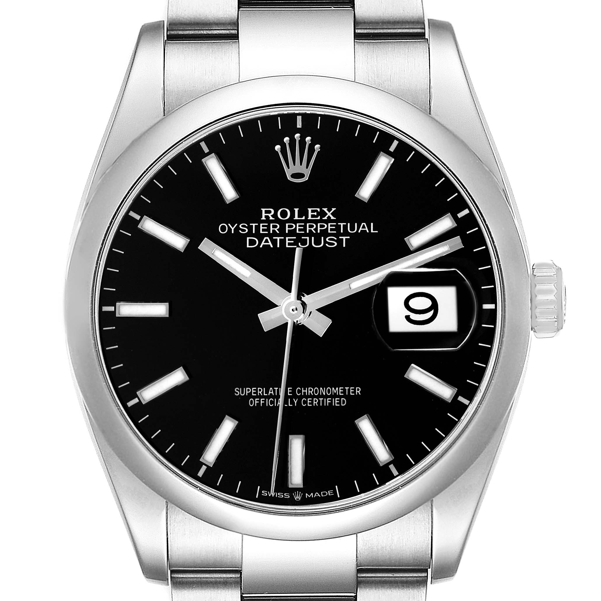 The Rolex Datejust 126200 Men
s Stainless Steel Black Dial 126200 Men
s Stainless Steel Black Dial watch is shown from a front angle, displaying the dial, case, bezel, and part of the bracelet.