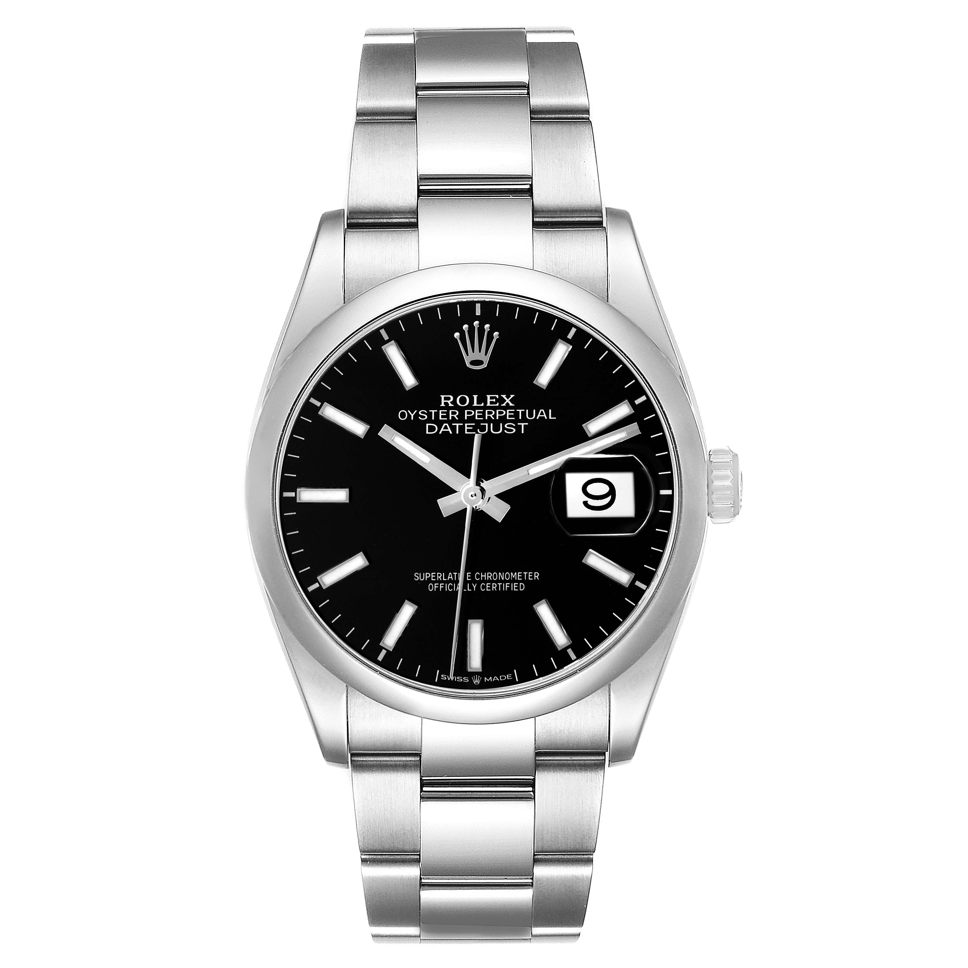 The Rolex Datejust 126200 Men
s Stainless Steel Black Dial 126200 Men
s Stainless Steel Black Dial is shown from a front view, displaying the dial, case, bracelet, and crown.