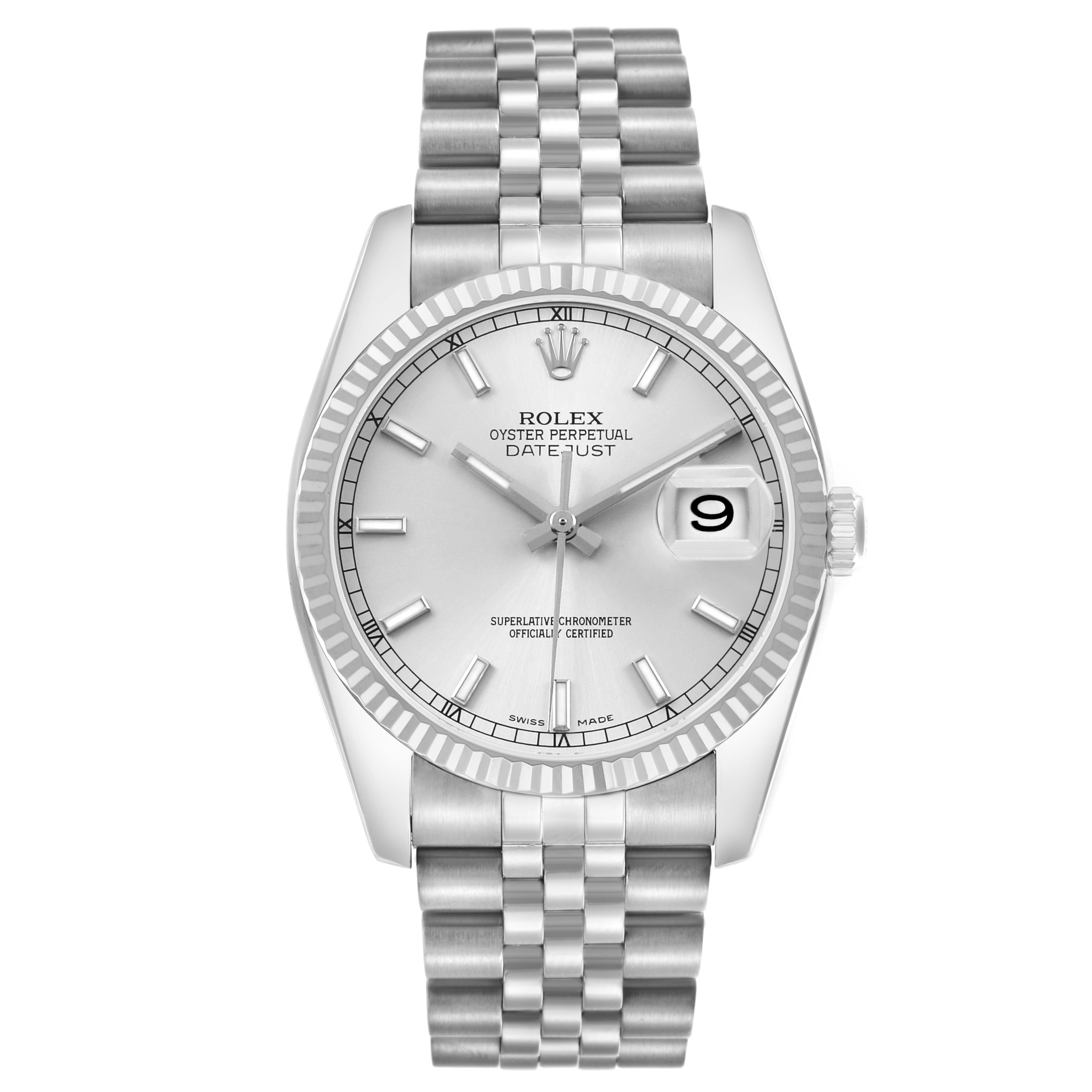 The image shows a front view of the Rolex Datejust 116234 Men's Stainless Steel Silver Dial, highlighting the dial, bezel, bracelet, and date window.
