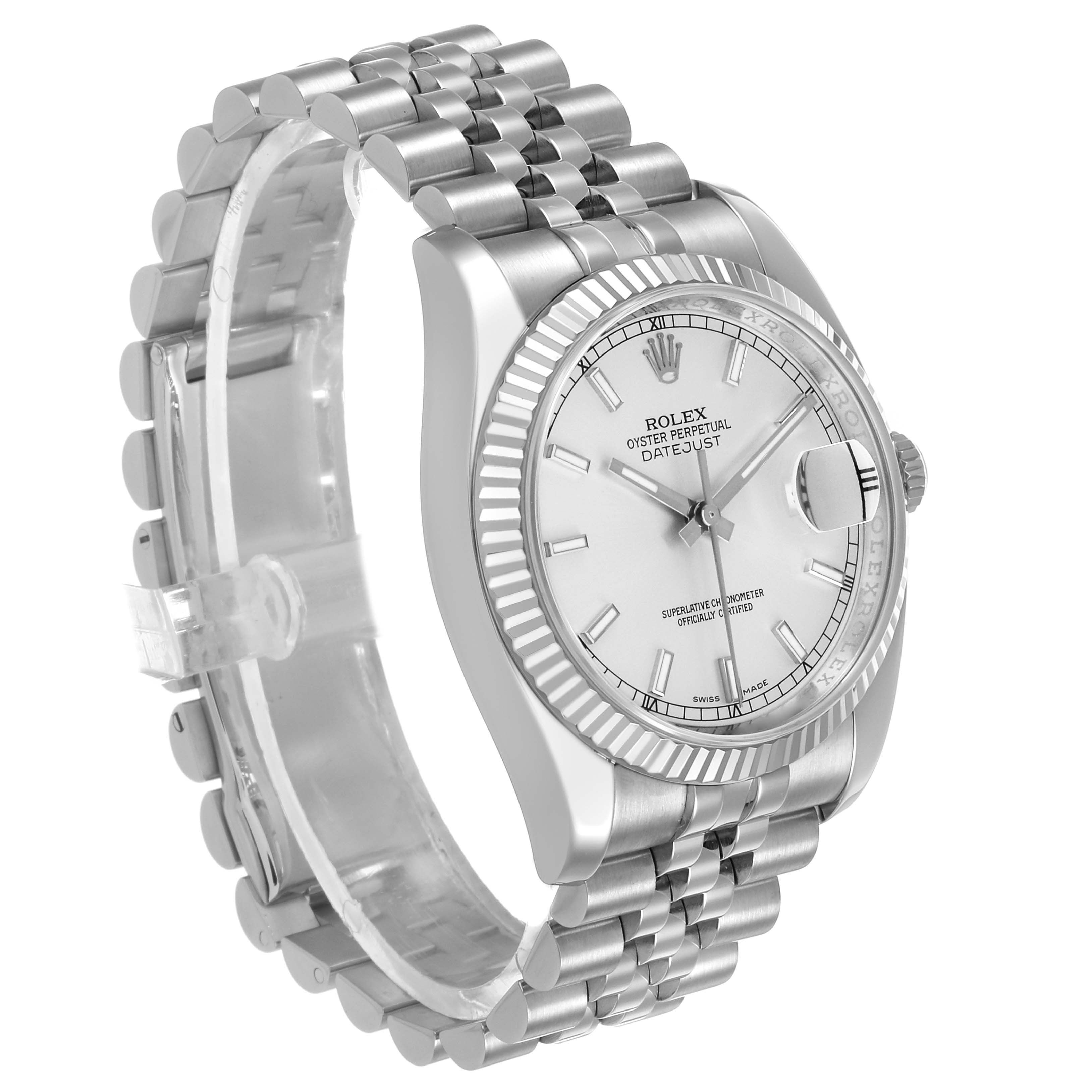 The Rolex Datejust 116234 Men's Stainless Steel Silver Dial watch is shown at an angle, highlighting the face, fluted bezel, and Jubilee bracelet from a side view.