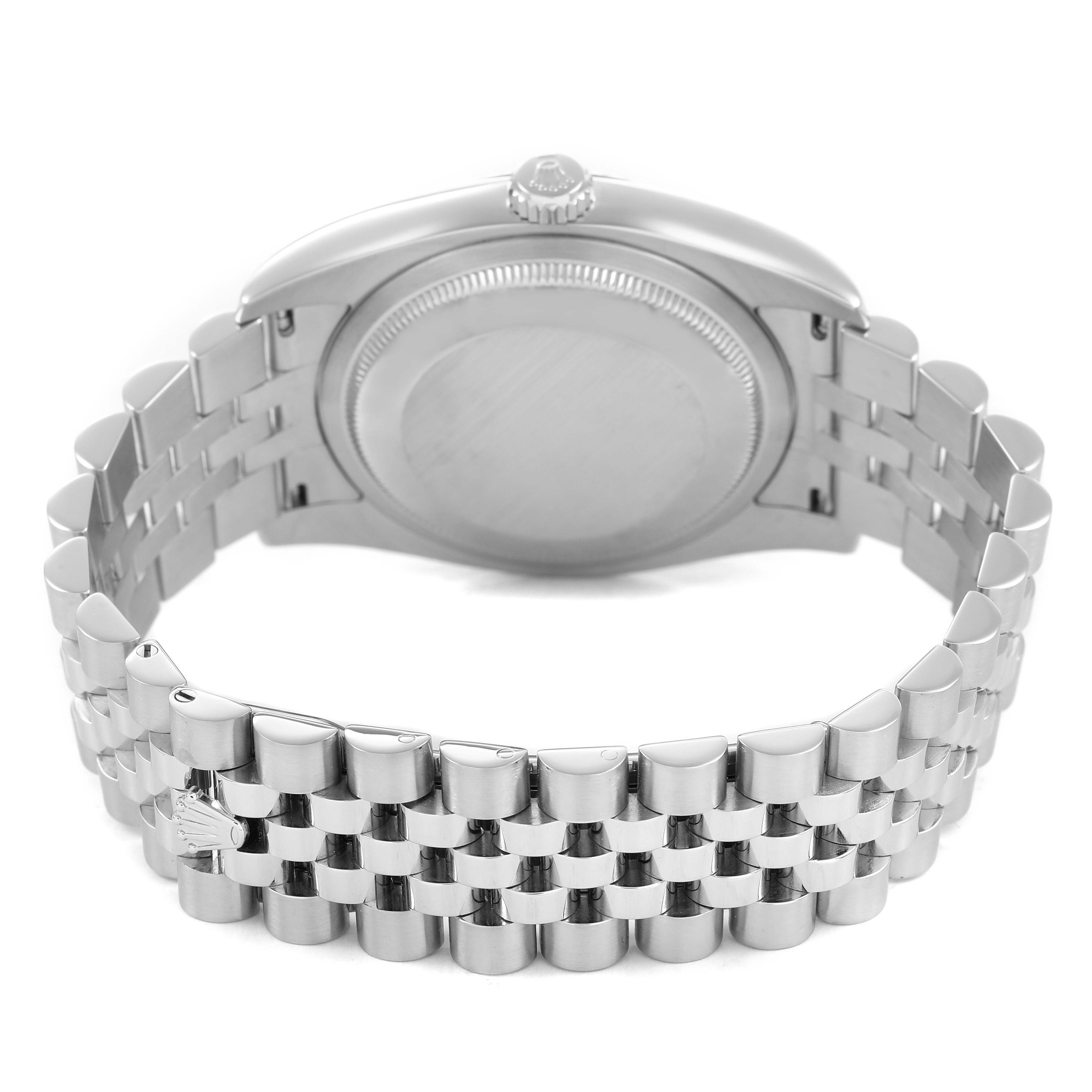 The image shows the back and bracelet of a Rolex Datejust 116234 Men's Stainless Steel Silver Dial, featuring its case back and jubilee-style strap.