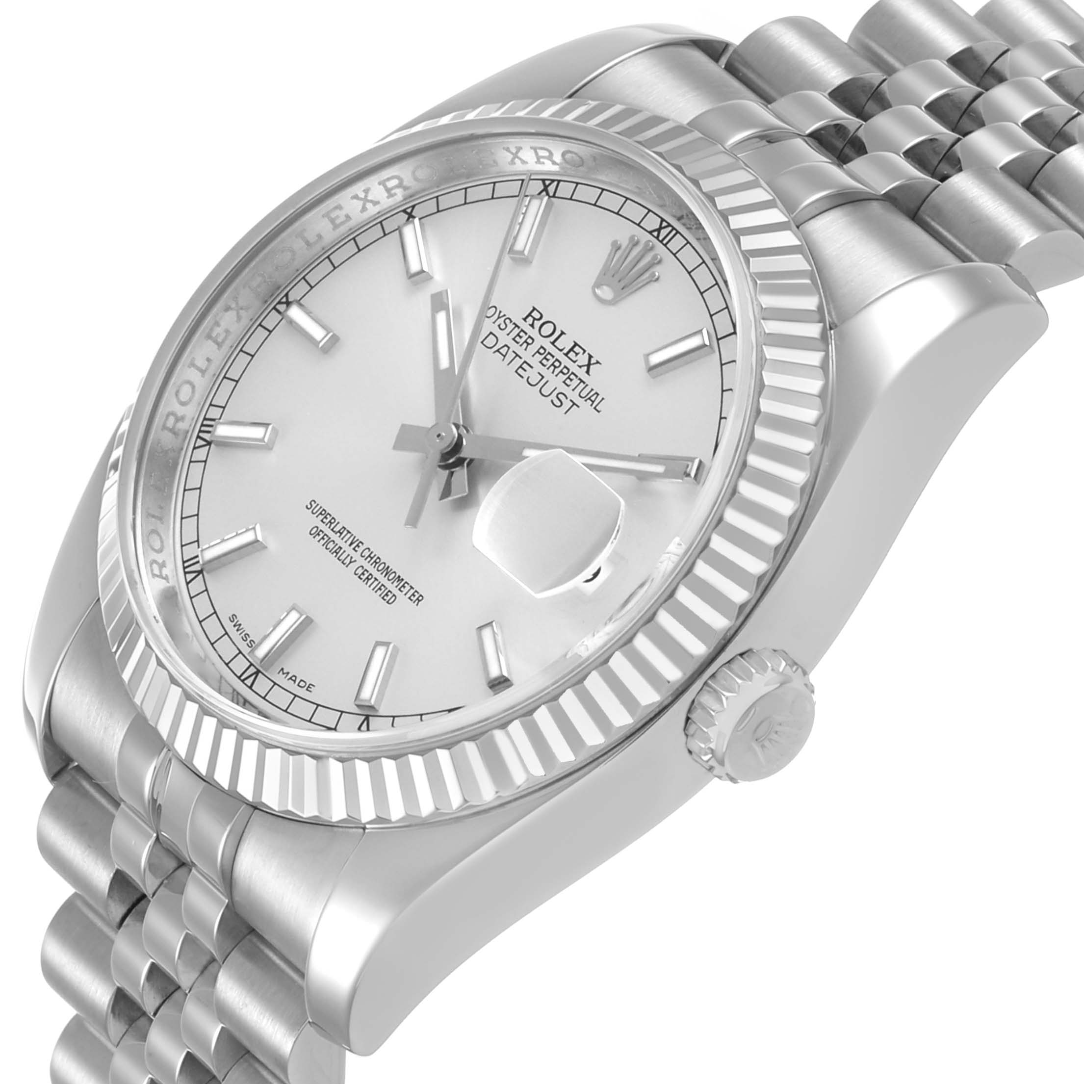 The Rolex Datejust 116234 Men's Stainless Steel Silver Dial watch is shown at an angled side view, highlighting the face, bezel, crown, and part of the bracelet.