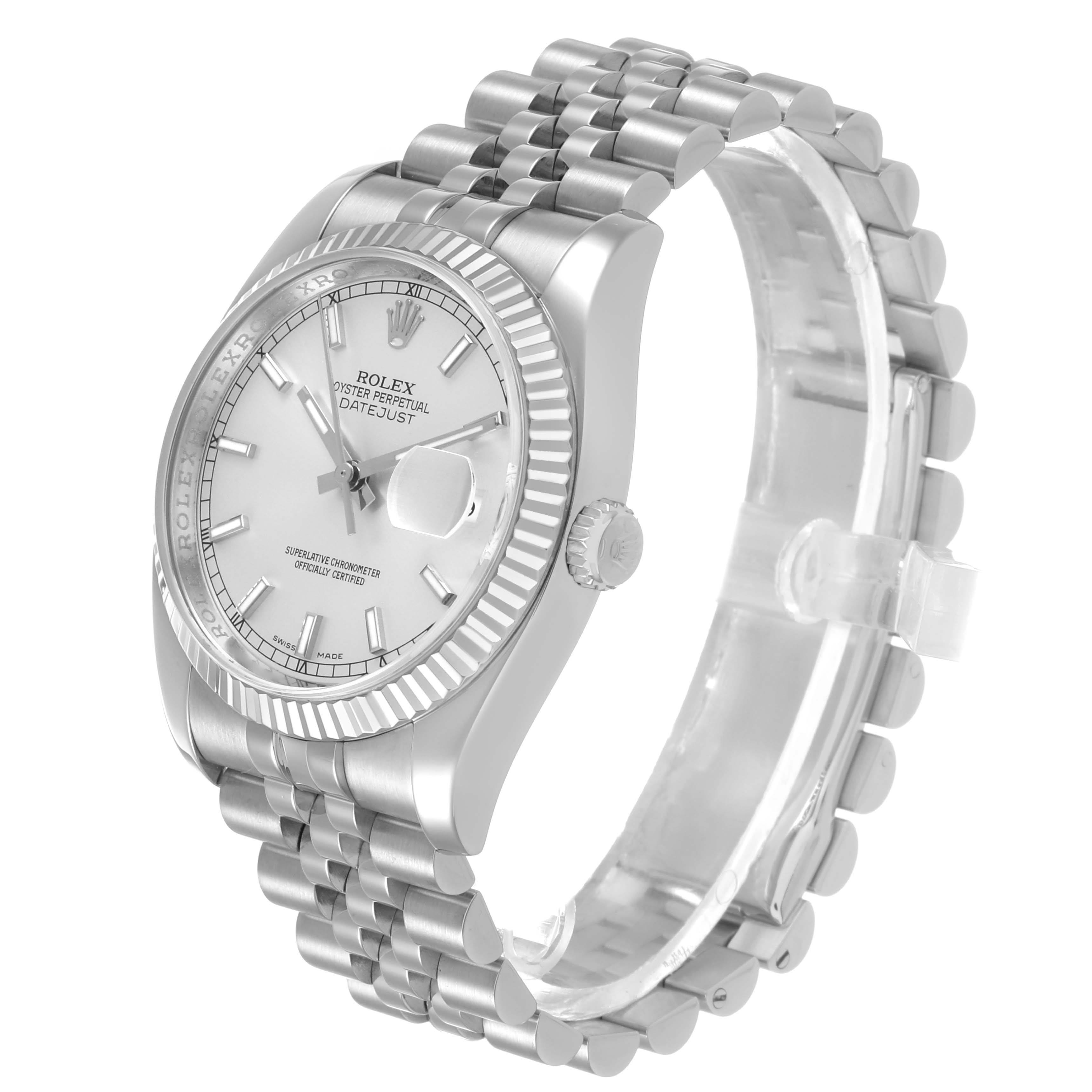 The Rolex Datejust 116234 Men's Stainless Steel Silver Dial watch is shown at an angle highlighting the dial, bezel, crown, and Jubilee bracelet.