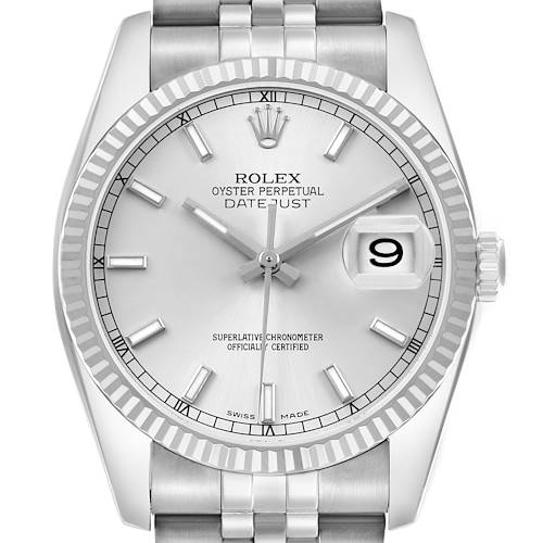 The Rolex Datejust 116234 Men's Stainless Steel Silver Dial watch is shown from a front view, displaying the dial, bezel, crown, and part of the bracelet.