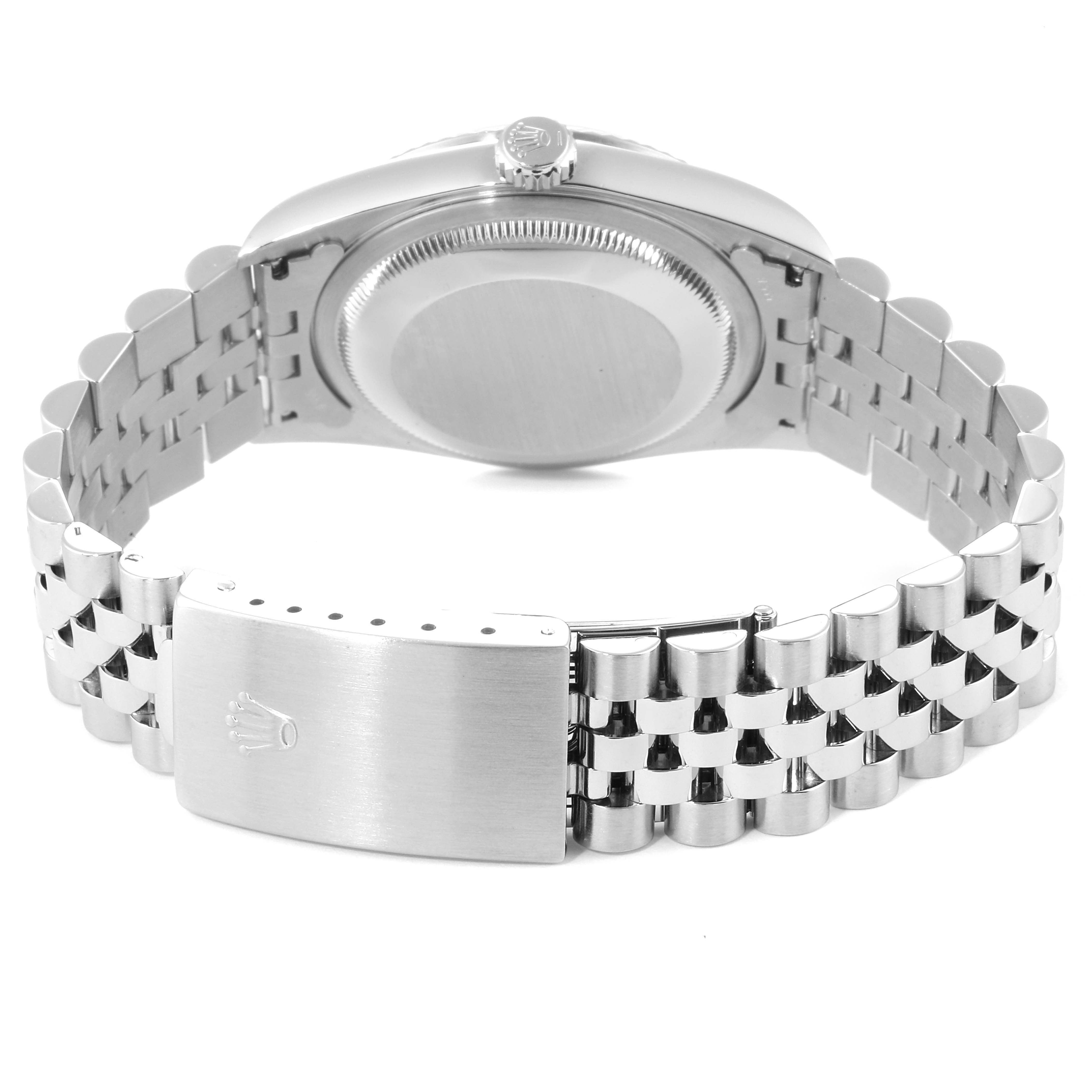 The image shows the backside of a Rolex Datejust 16234 Women's Stainless Steel Blue Dial 16234 Women's Stainless Steel Blue Dial watch, highlighting its Jubilee bracelet and clasp.