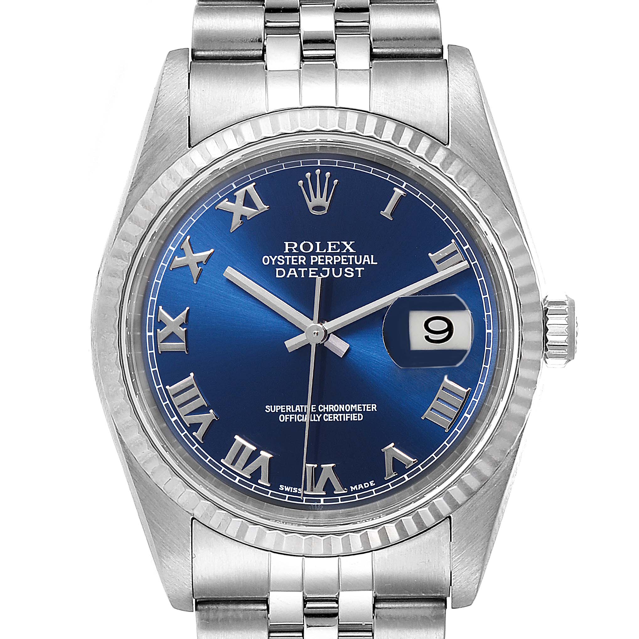 The image shows a front view of a Rolex Datejust 16234 Women's Stainless Steel Blue Dial 16234 Women's Stainless Steel Blue Dial watch featuring a blue dial, Roman numerals, and a stainless steel bracelet.