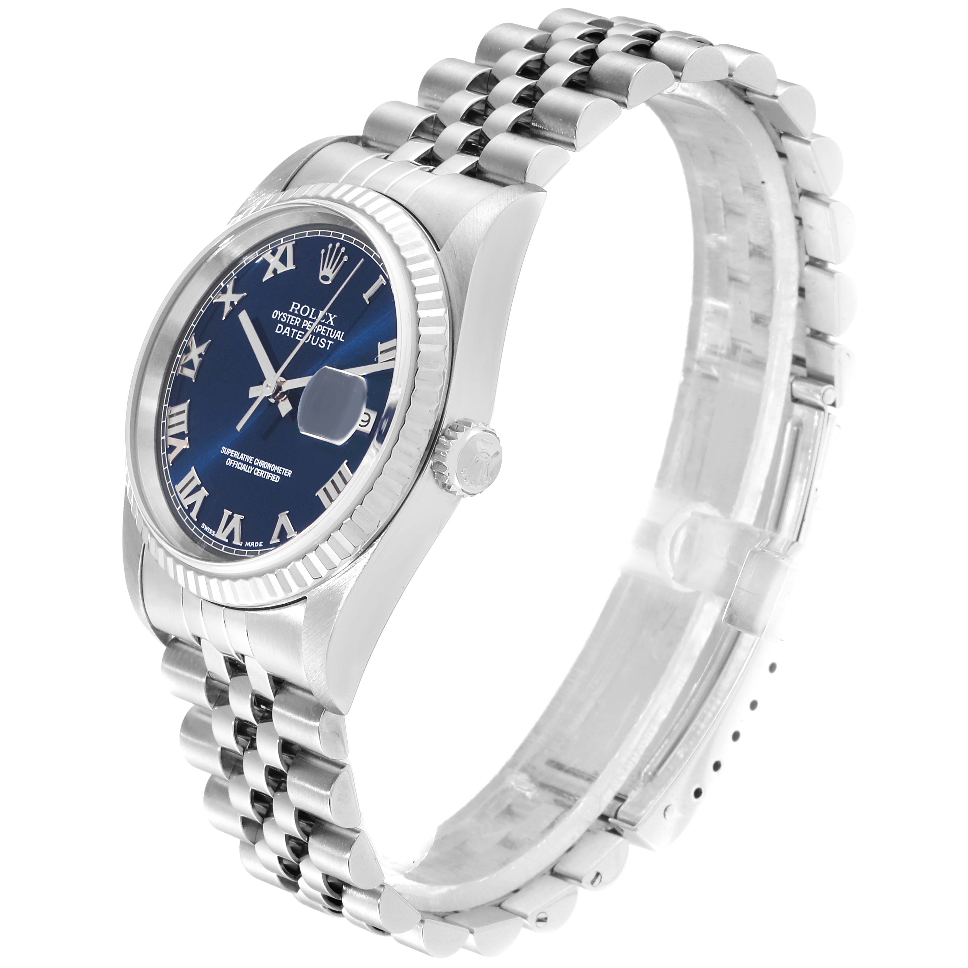 The Rolex Datejust 16234 Women's Stainless Steel Blue Dial 16234 Women's Stainless Steel Blue Dial watch is shown at a slight angle, displaying the face, bezel, crown, and part of the bracelet.