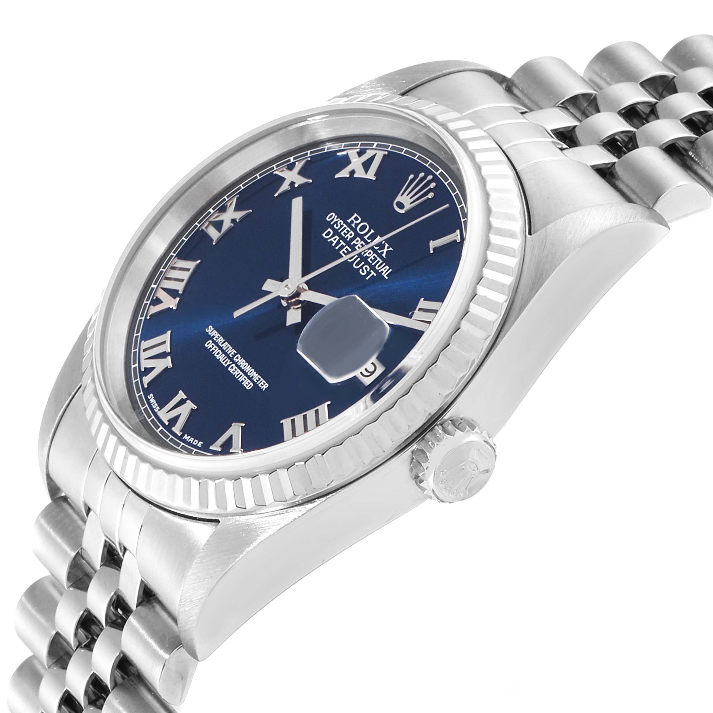 This image shows a Rolex Datejust 16234 Women's Stainless Steel Blue Dial 16234 Women's Stainless Steel Blue Dial watch at a slightly angled view, highlighting the dial, bezel, crown, and part of the bracelet.