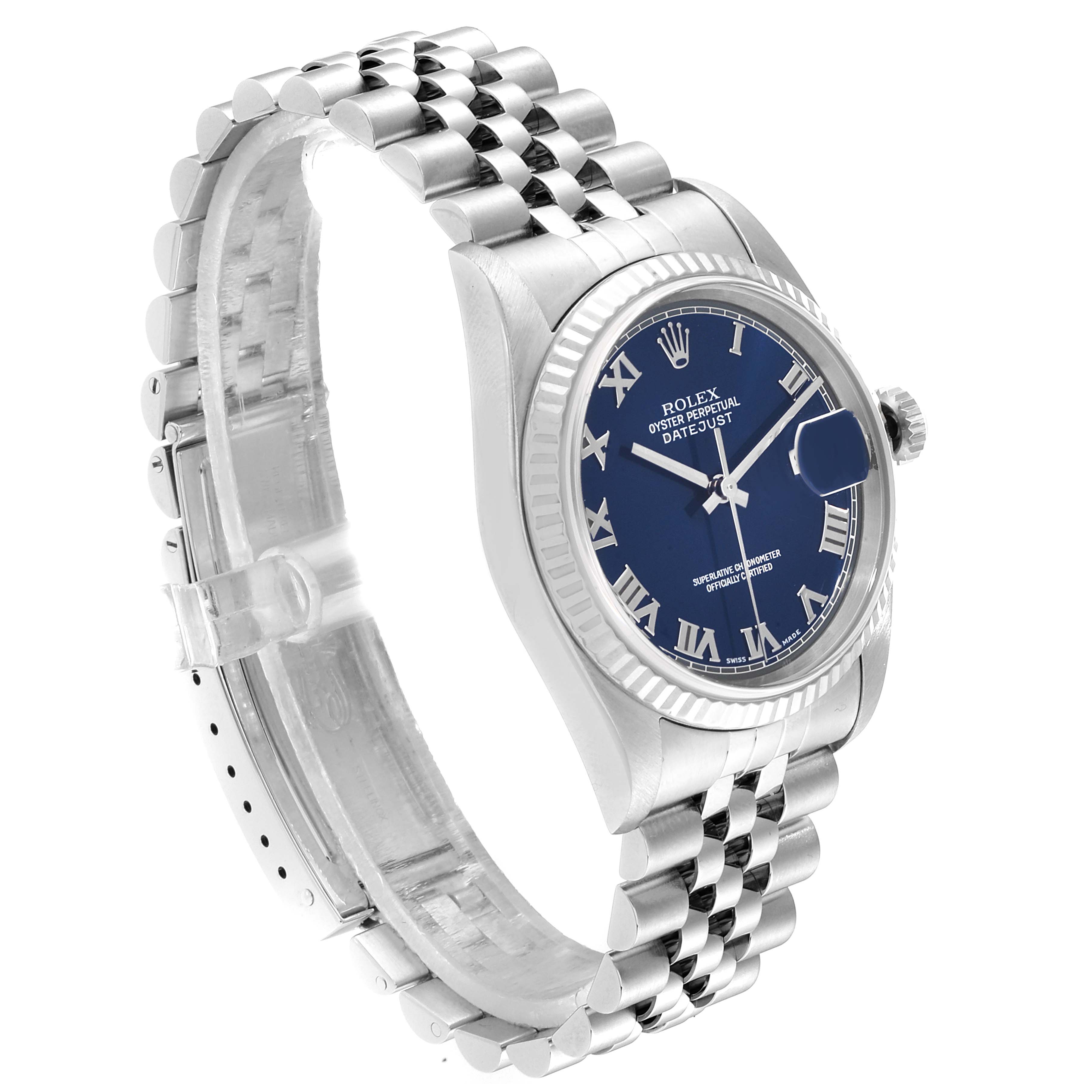 The image shows a Rolex Datejust 16234 Women's Stainless Steel Blue Dial 16234 Women's Stainless Steel Blue Dial watch at an angle, displaying the case, dial, crown, and half of the bracelet.