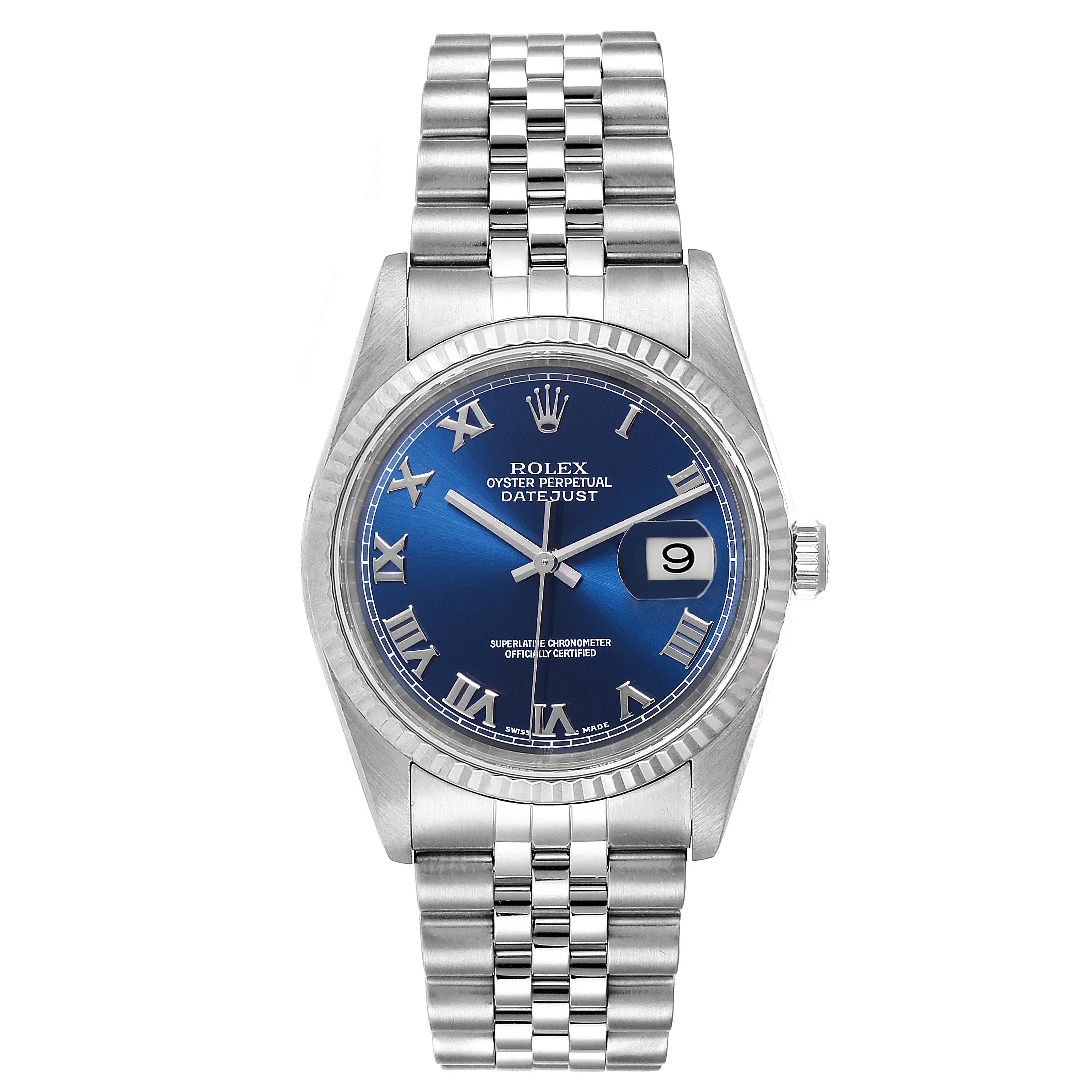 This image shows a Rolex Datejust 16234 Women's Stainless Steel Blue Dial 16234 Women's Stainless Steel Blue Dial watch with a blue dial, Roman numerals, a date display, and a Jubilee bracelet from a front angle.
