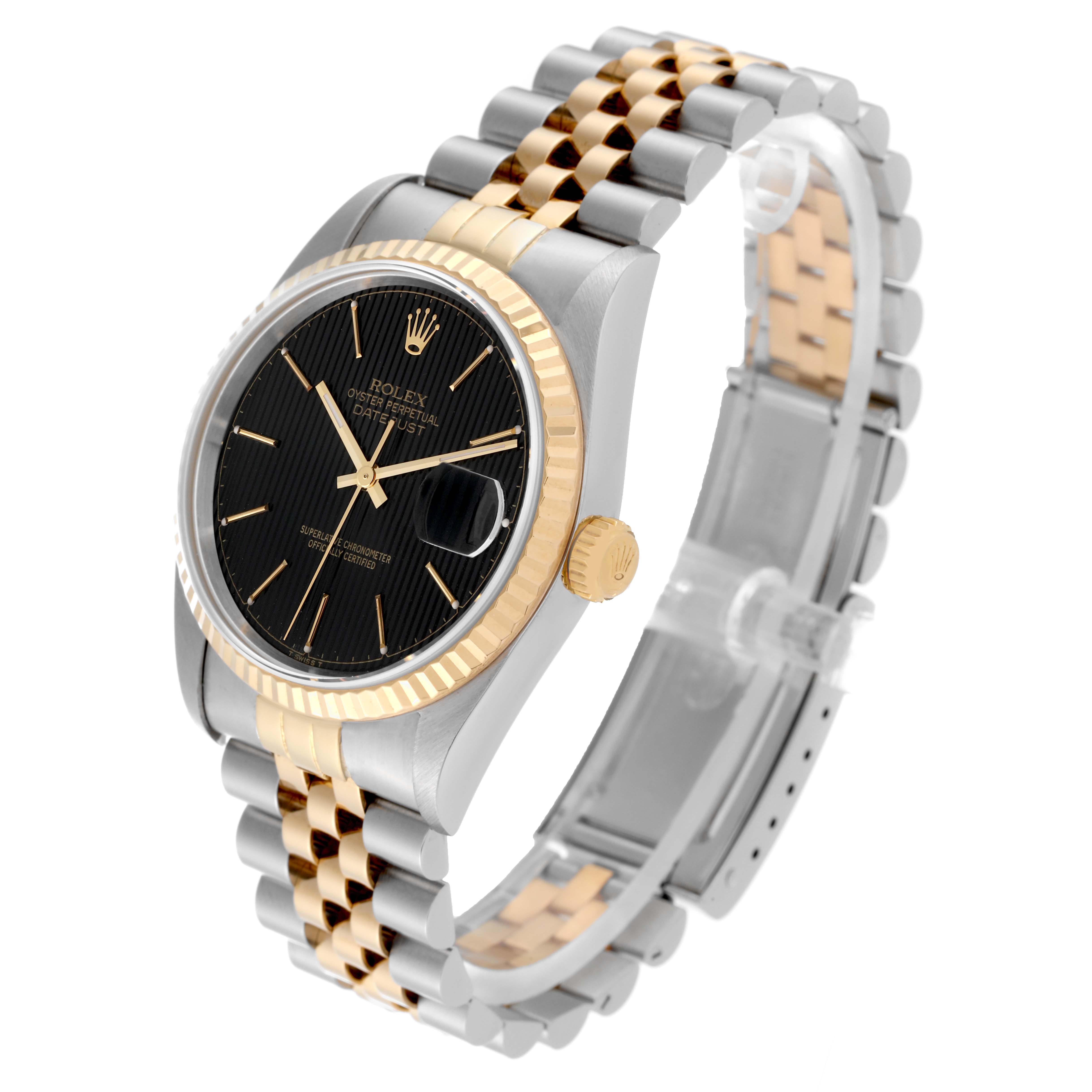 The Rolex Datejust 16233 Men's Steel and Gold (two tone) Black Dial 16233 Men's Steel and Gold (two tone) Black Dial watch is shown at a three-quarter angle, highlighting its two-tone bracelet, black dial, and fluted bezel.