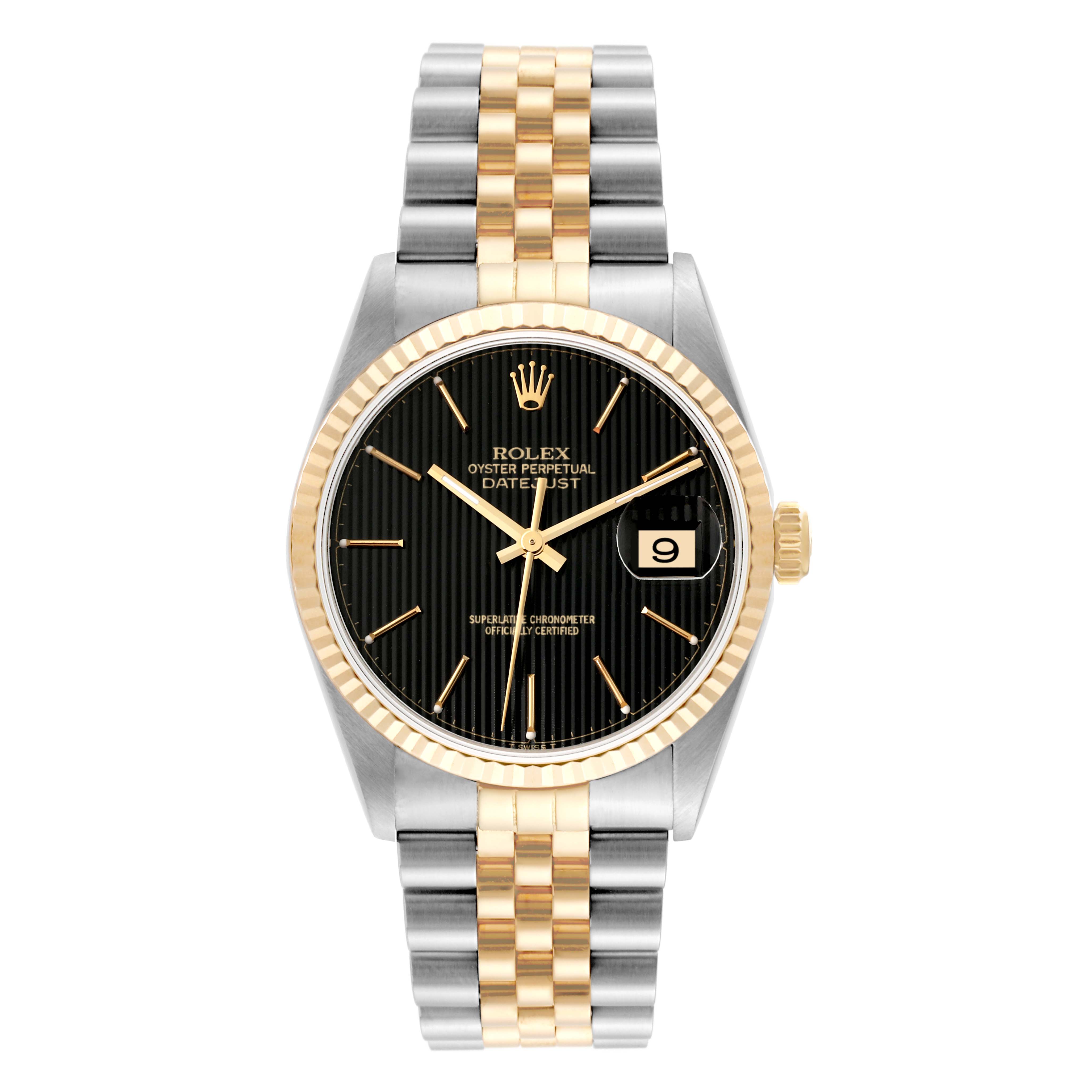 This image shows a front view of a Rolex Datejust 16233 Men's Steel and Gold (two tone) Black Dial 16233 Men's Steel and Gold (two tone) Black Dial watch, featuring a two-tone bracelet and black dial with date display.