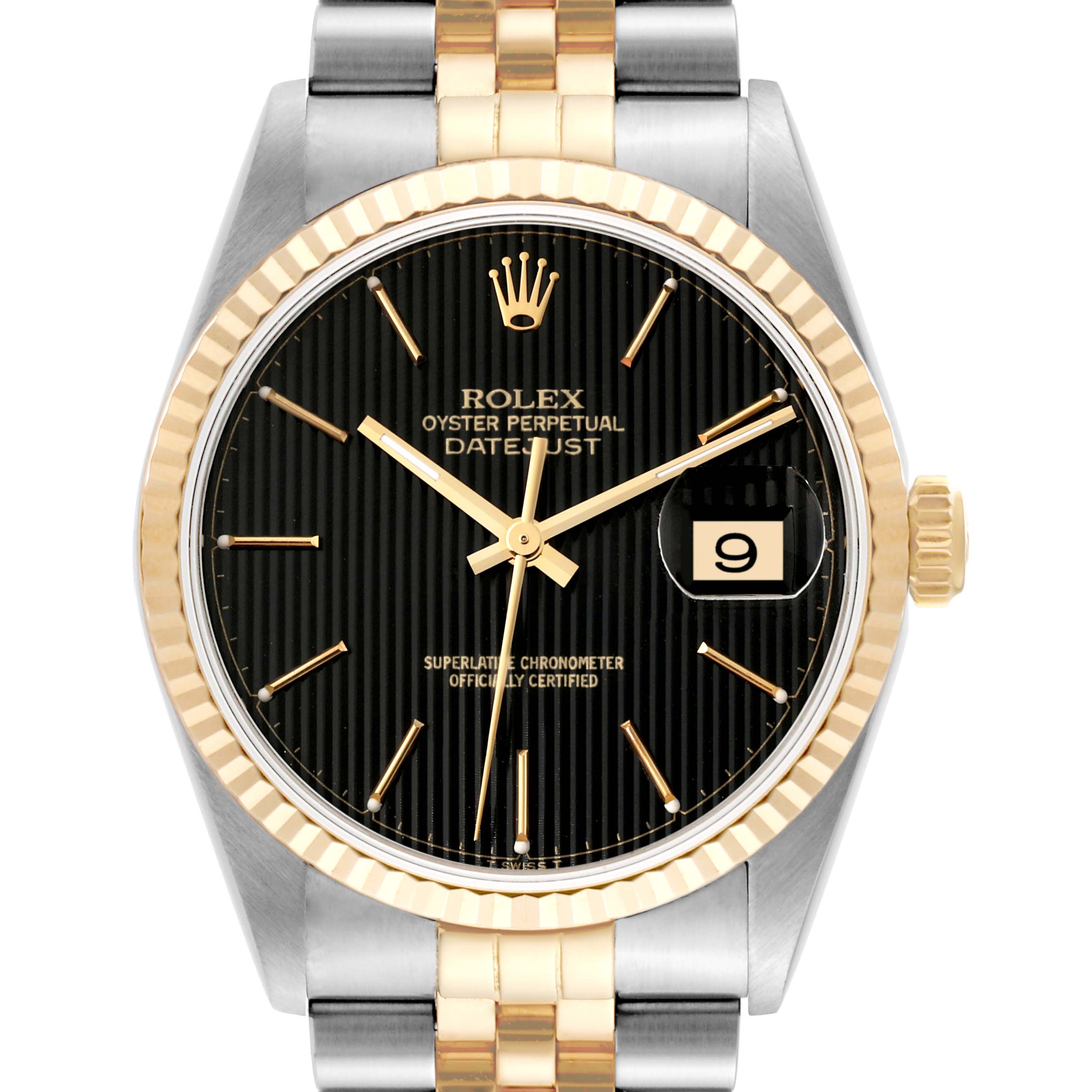 The image shows a front view of a Rolex Datejust 16233 Men's Steel and Gold (two tone) Black Dial 16233 Men's Steel and Gold (two tone) Black Dial watch, displaying the dial, bezel, hands, date window, and part of the bracelet.