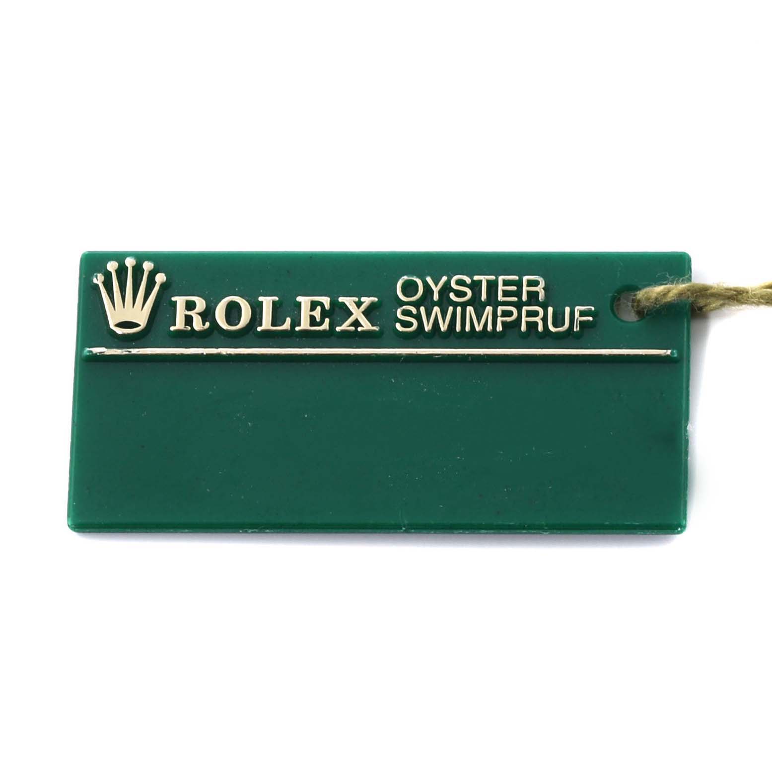 The image shows a green Rolex Oyster Swimpruf tag for the Datejust model.