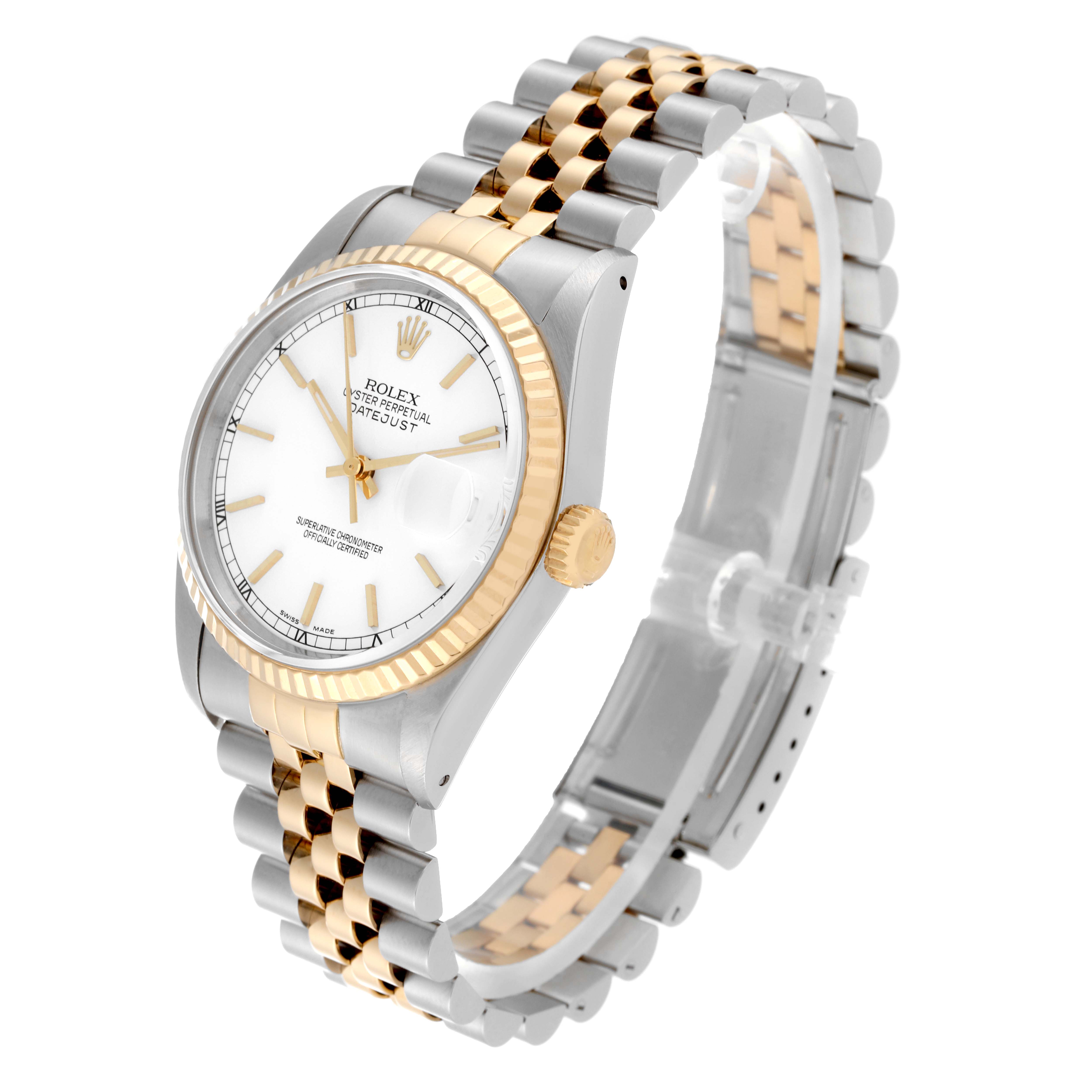 The image shows a Rolex Datejust 16233 Men's Steel and Gold (two tone) White Dial 16233 Men's Steel and Gold (two tone) White Dial watch at a slight angle, highlighting the face, bezel, and two-tone bracelet.