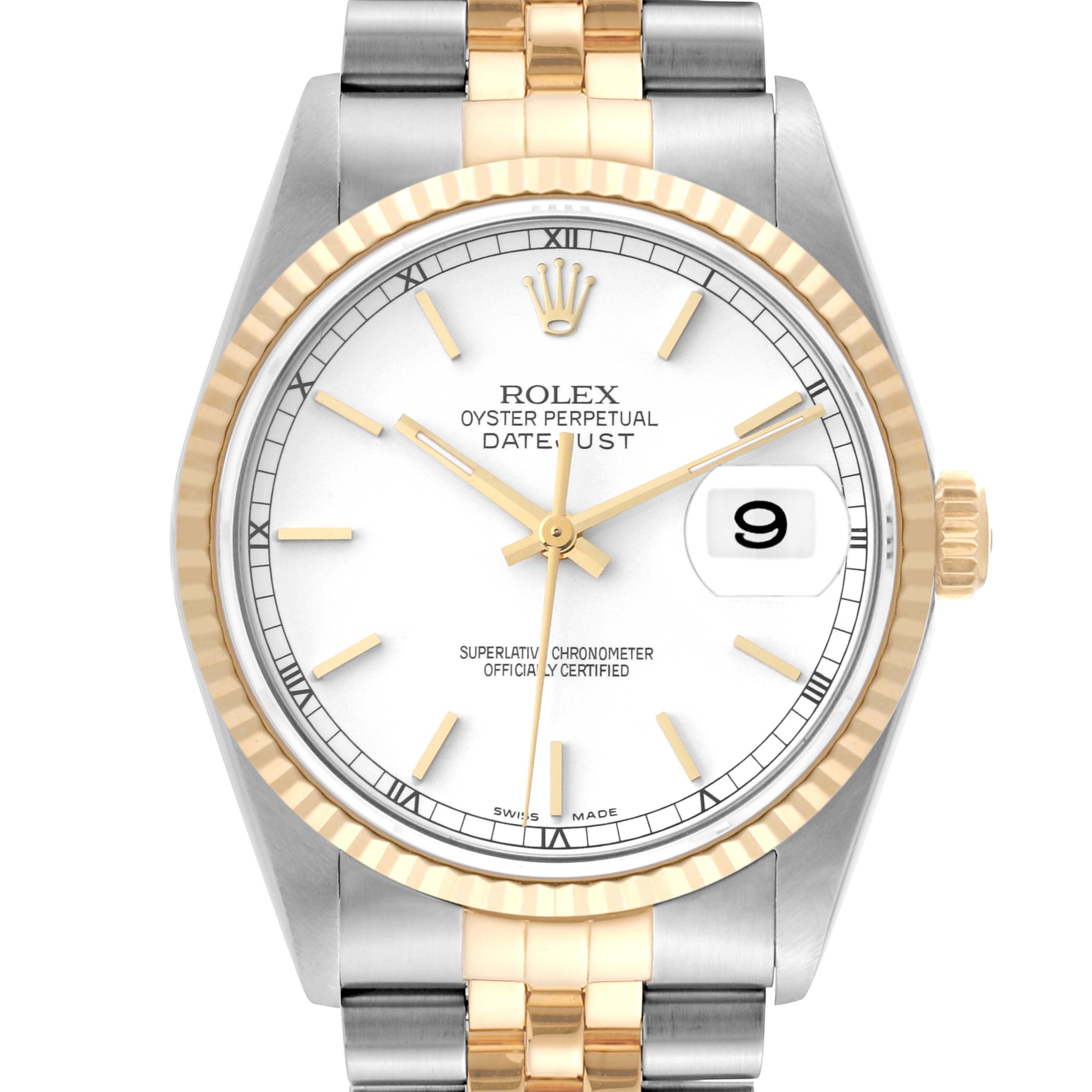 This image shows a front view of the Rolex Datejust 16233 Men's Steel and Gold (two tone) White Dial 16233 Men's Steel and Gold (two tone) White Dial watch, highlighting the face, bezel, and bracelet.