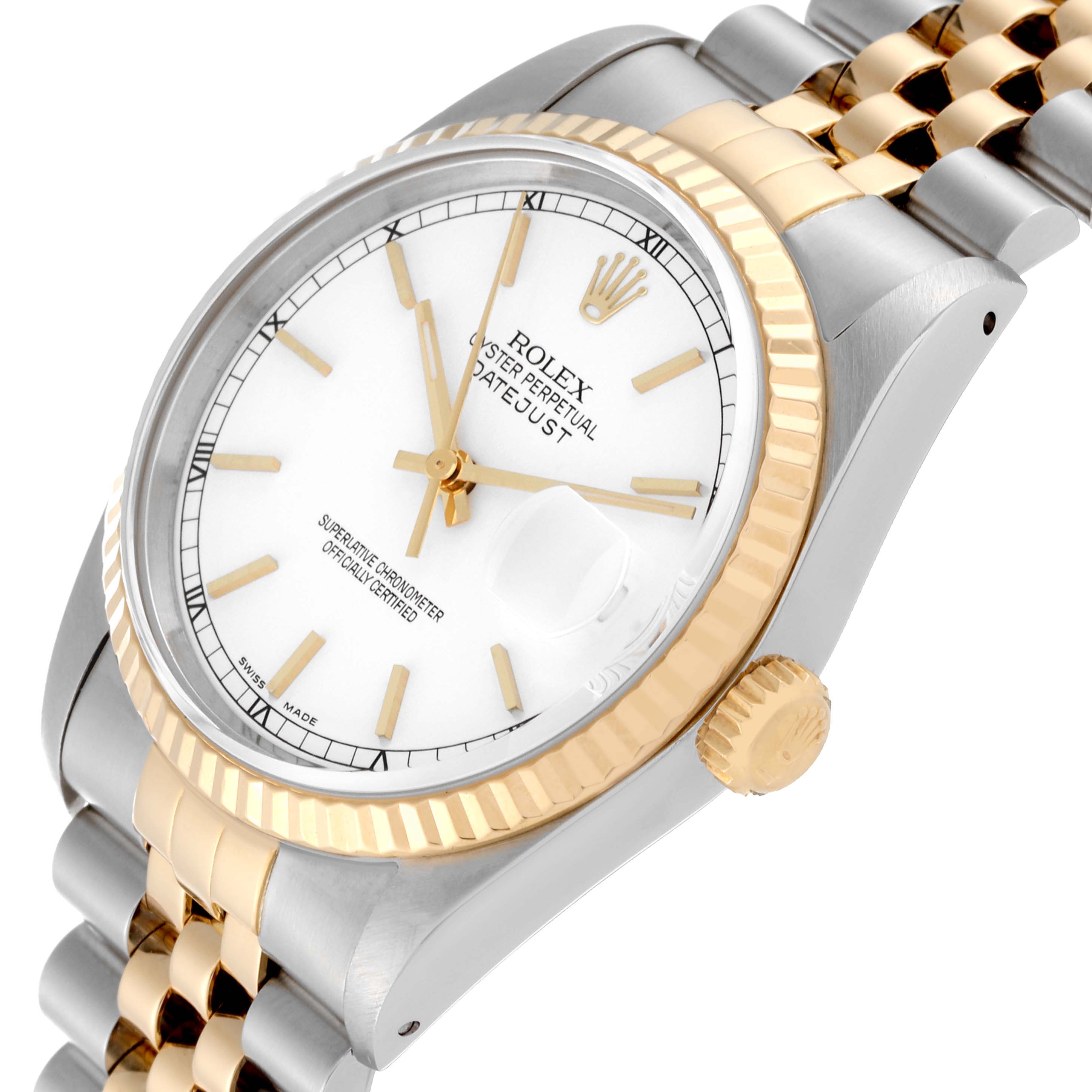 The image shows a Rolex Datejust 16233 Men's Steel and Gold (two tone) White Dial 16233 Men's Steel and Gold (two tone) White Dial watch angled from the upper left, highlighting its white dial, fluted bezel, crown, and two-tone Jubilee bracelet.
