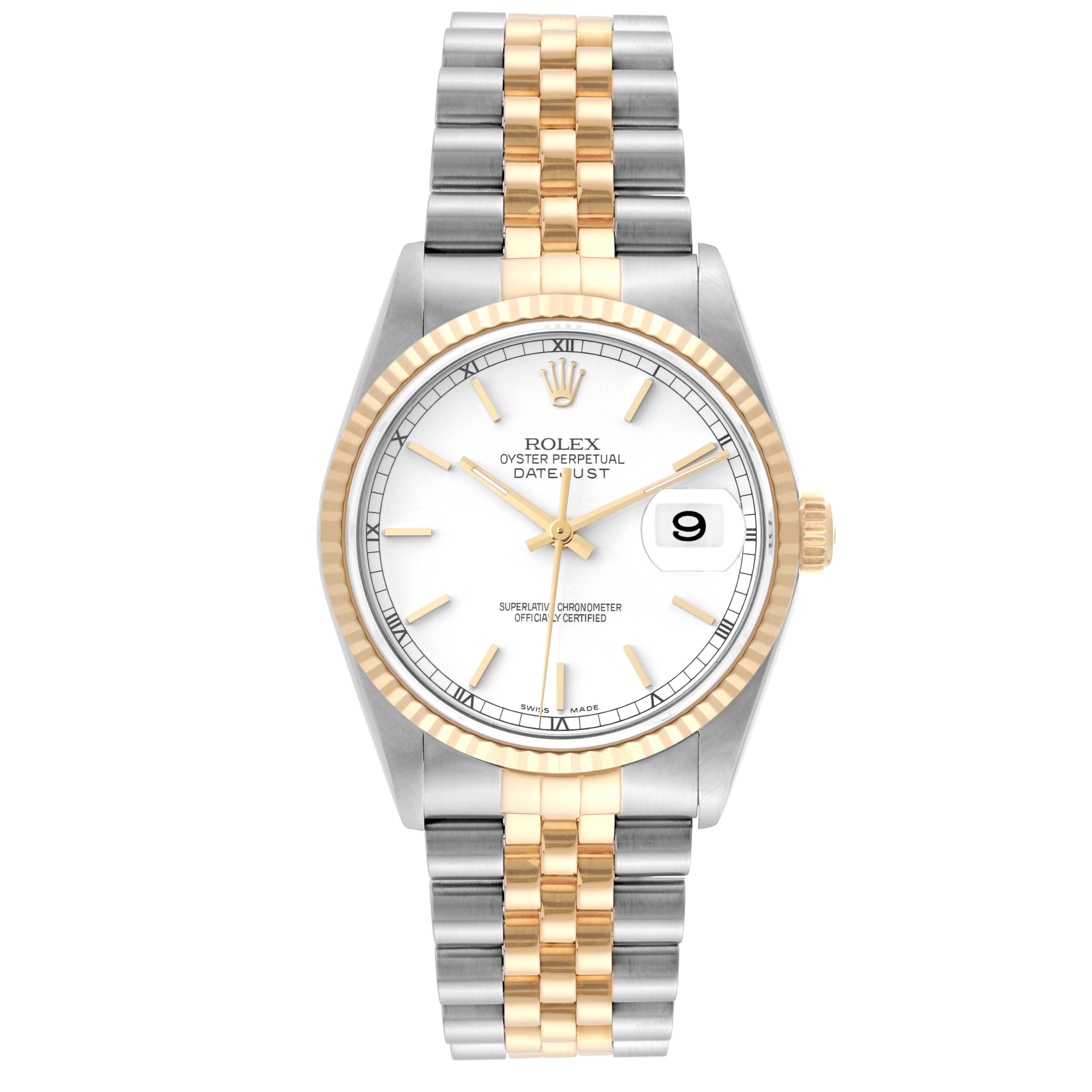 The Rolex Datejust 16233 Men's Steel and Gold (two tone) White Dial 16233 Men's Steel and Gold (two tone) White Dial model is shown from a top view, highlighting its dial, bezel, case, and bracelet.