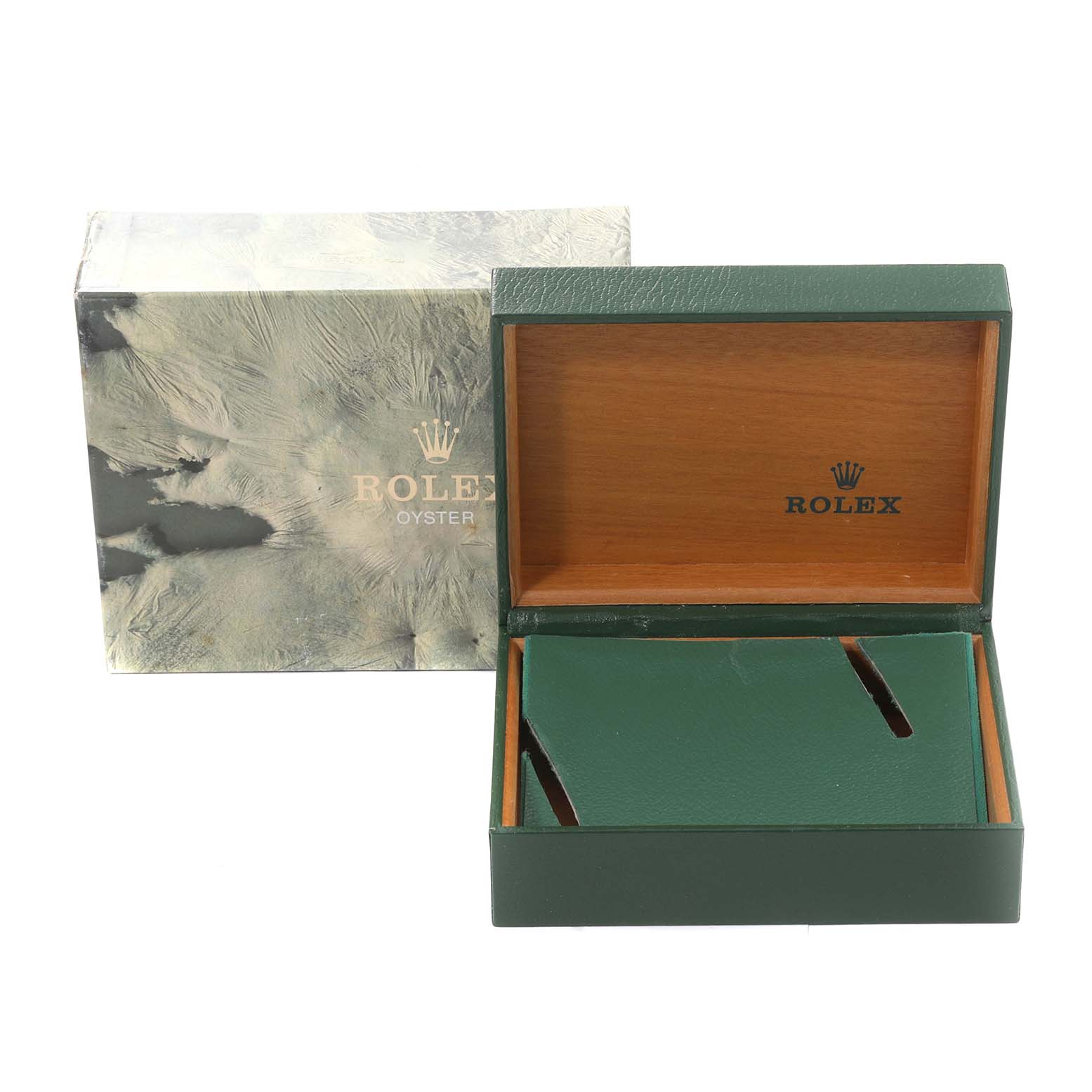 This image shows an open green and wood Rolex Datejust 16233 Men's Steel and Gold (two tone) White Dial 16233 Men's Steel and Gold (two tone) White Dial watch box, including its outer packaging.