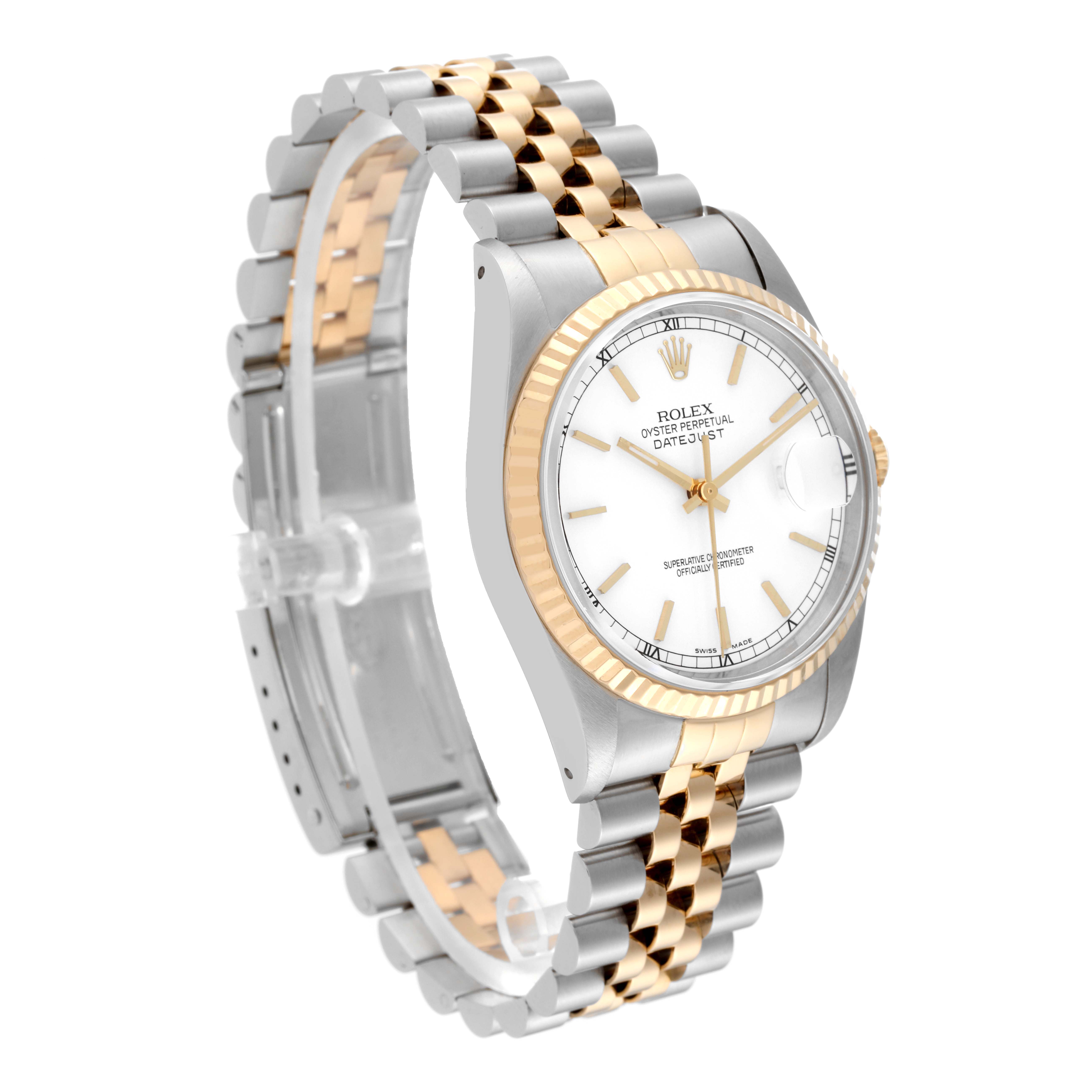 The image shows the Rolex Datejust 16233 Men's Steel and Gold (two tone) White Dial 16233 Men's Steel and Gold (two tone) White Dial watch at a three-quarter angle, highlighting its two-tone case, bezel, and bracelet.