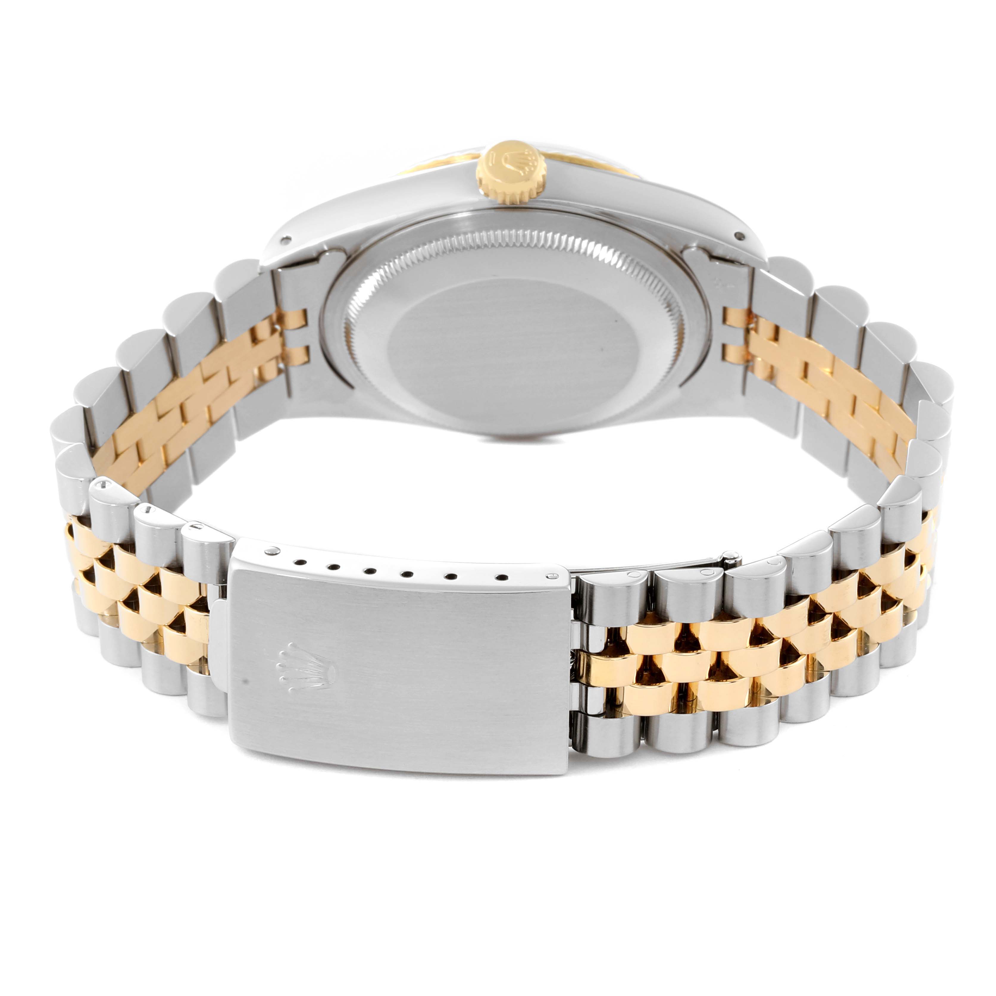 The image shows the back and bracelet of the Rolex Datejust 16233 Men's Steel and Gold (two tone) White Dial 16233 Men's Steel and Gold (two tone) White Dial watch, highlighting the two-tone Jubilee band and clasp.