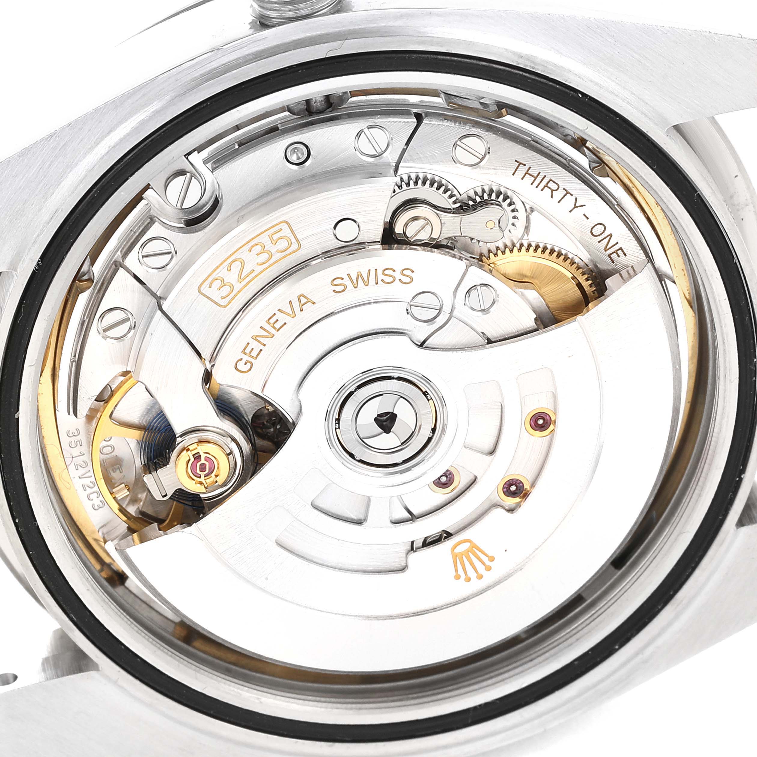 This image shows the open case back of the Rolex Datejust 41 126334 Men's Stainless Steel White Dial 126334 Men's Stainless Steel White Dial, showcasing its mechanical movement parts.