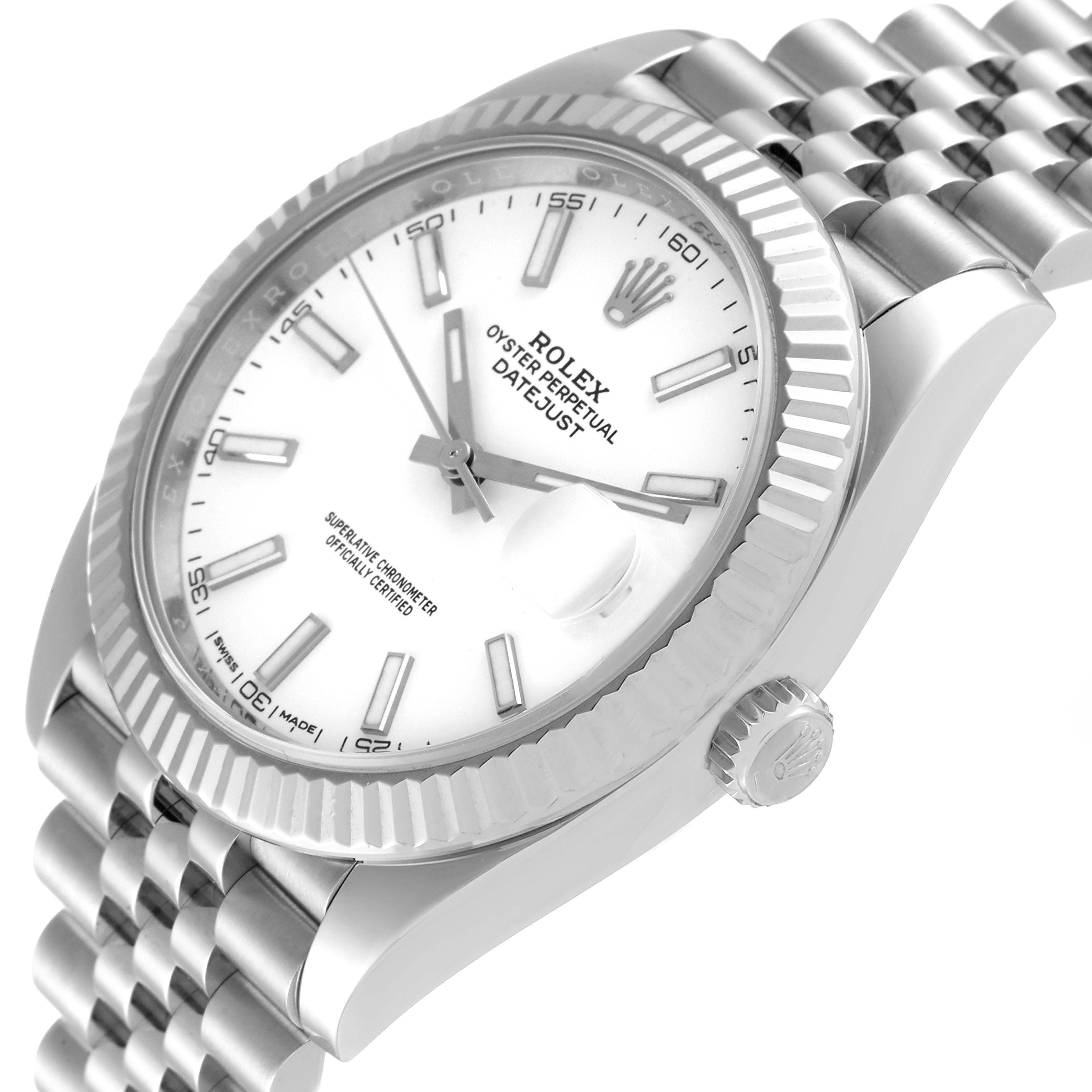 The image shows a Rolex Datejust 41 126334 Men's Stainless Steel White Dial 126334 Men's Stainless Steel White Dial watch, focusing on the face, bezel, crown, and part of the bracelet, viewed at an angle.