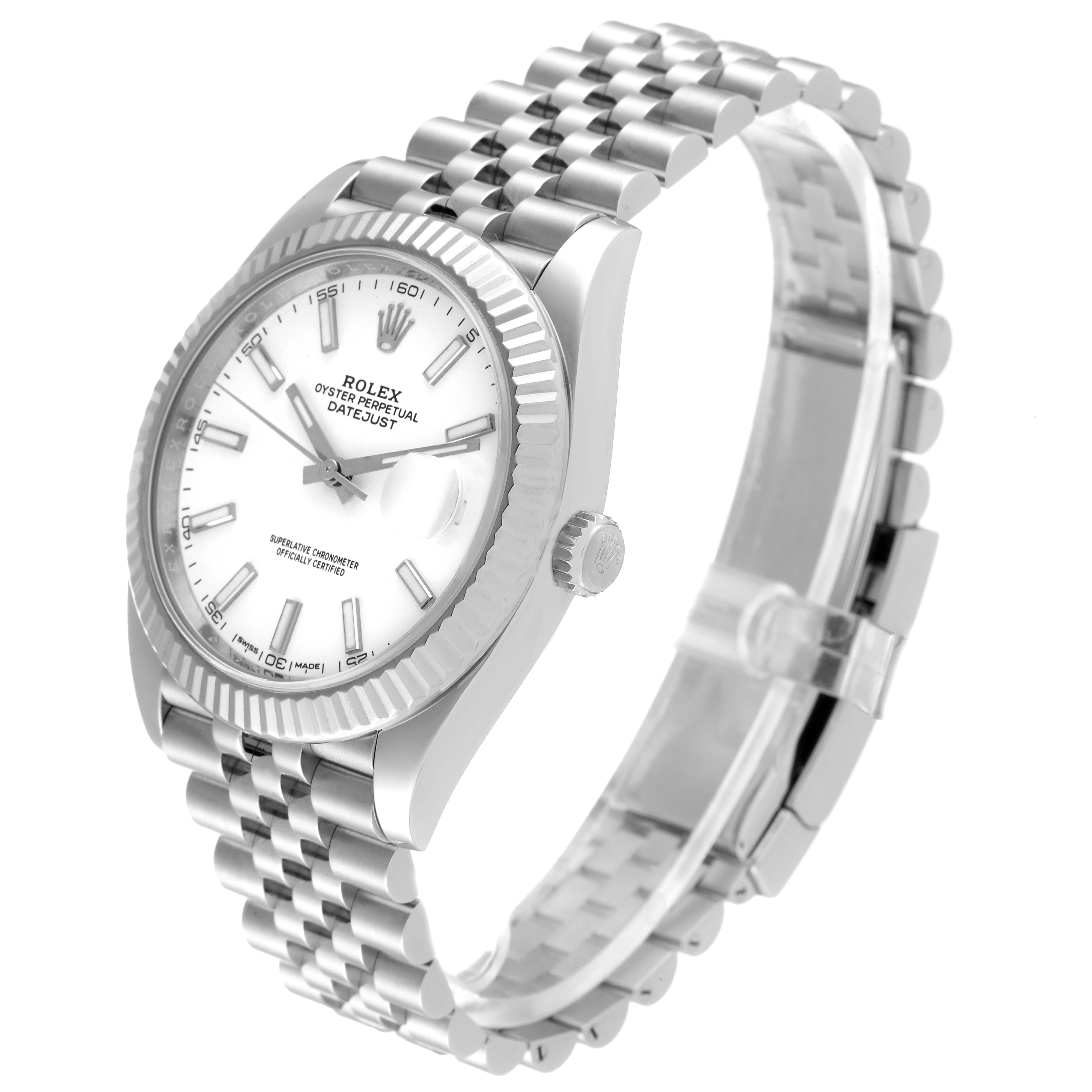 The image shows a Rolex Datejust 41 126334 Men's Stainless Steel White Dial 126334 Men's Stainless Steel White Dial watch, angled from the side, displaying the watch face, bezel, and bracelet.