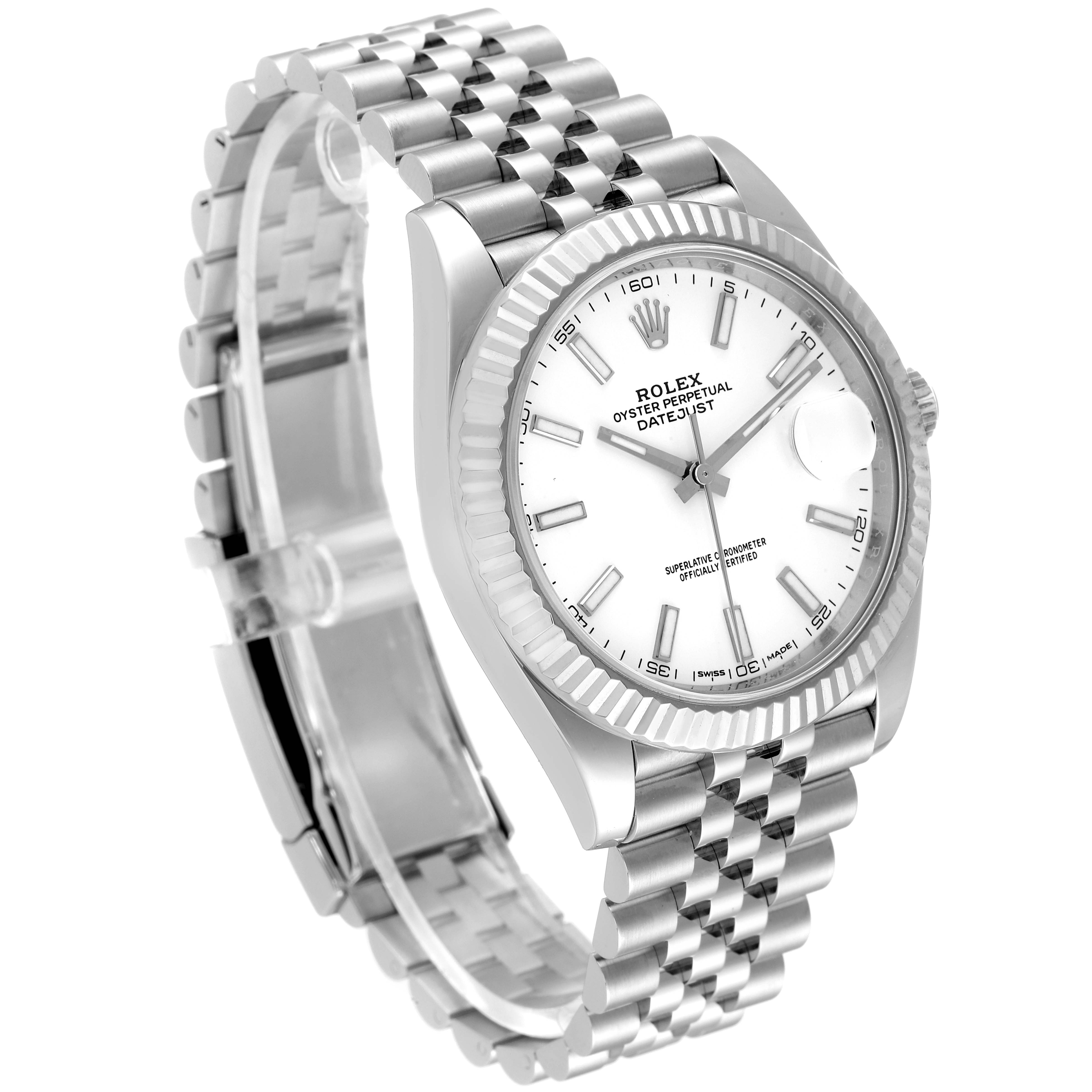 This Rolex Datejust 41 126334 Men's Stainless Steel White Dial 126334 Men's Stainless Steel White Dial watch is displayed at a slight left angle, showcasing its white dial, fluted bezel, Jubilee bracelet, and date window.