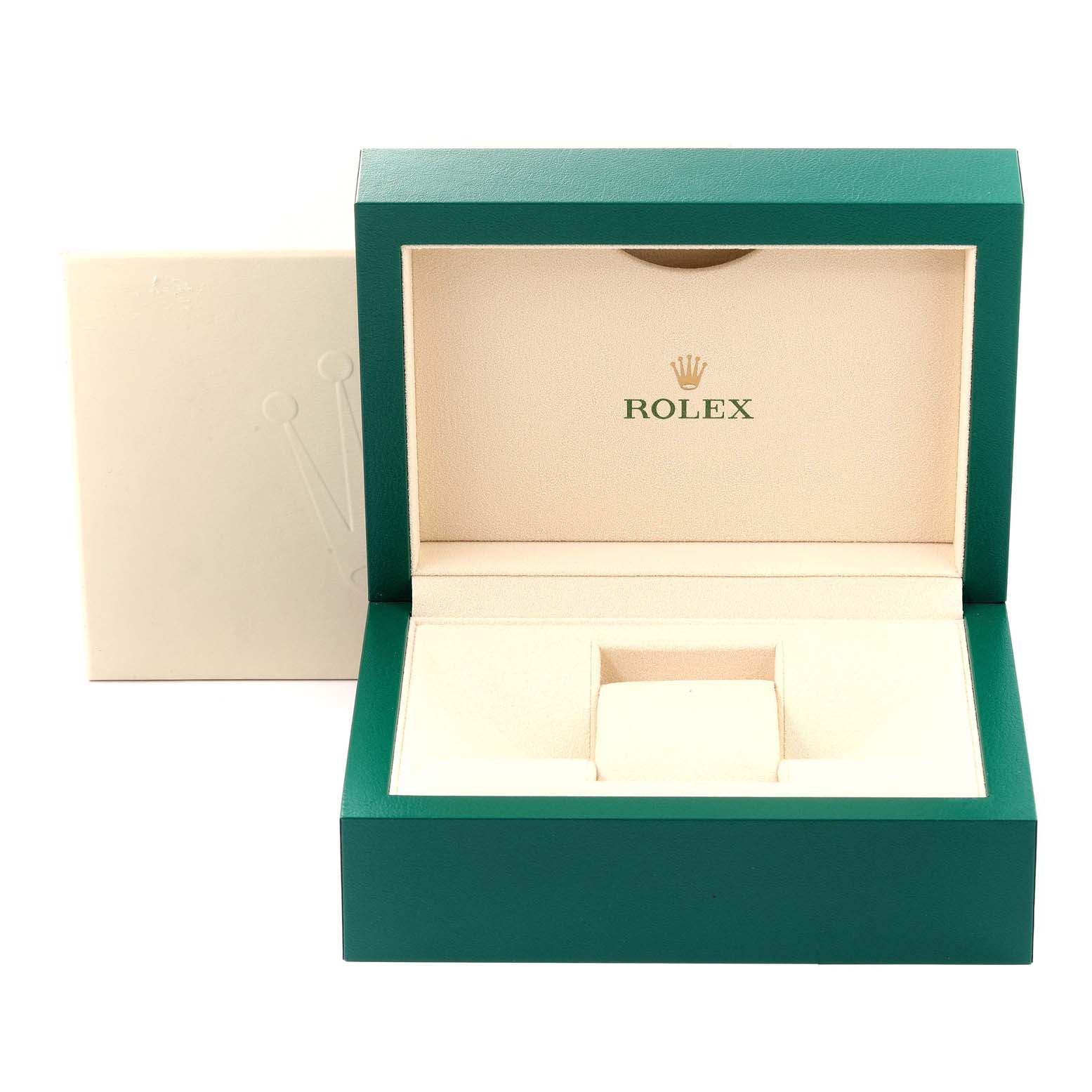 The image shows an open green box for a Rolex Datejust 41 126334 Men's Stainless Steel White Dial 126334 Men's Stainless Steel White Dial watch, displaying the interior compartment.