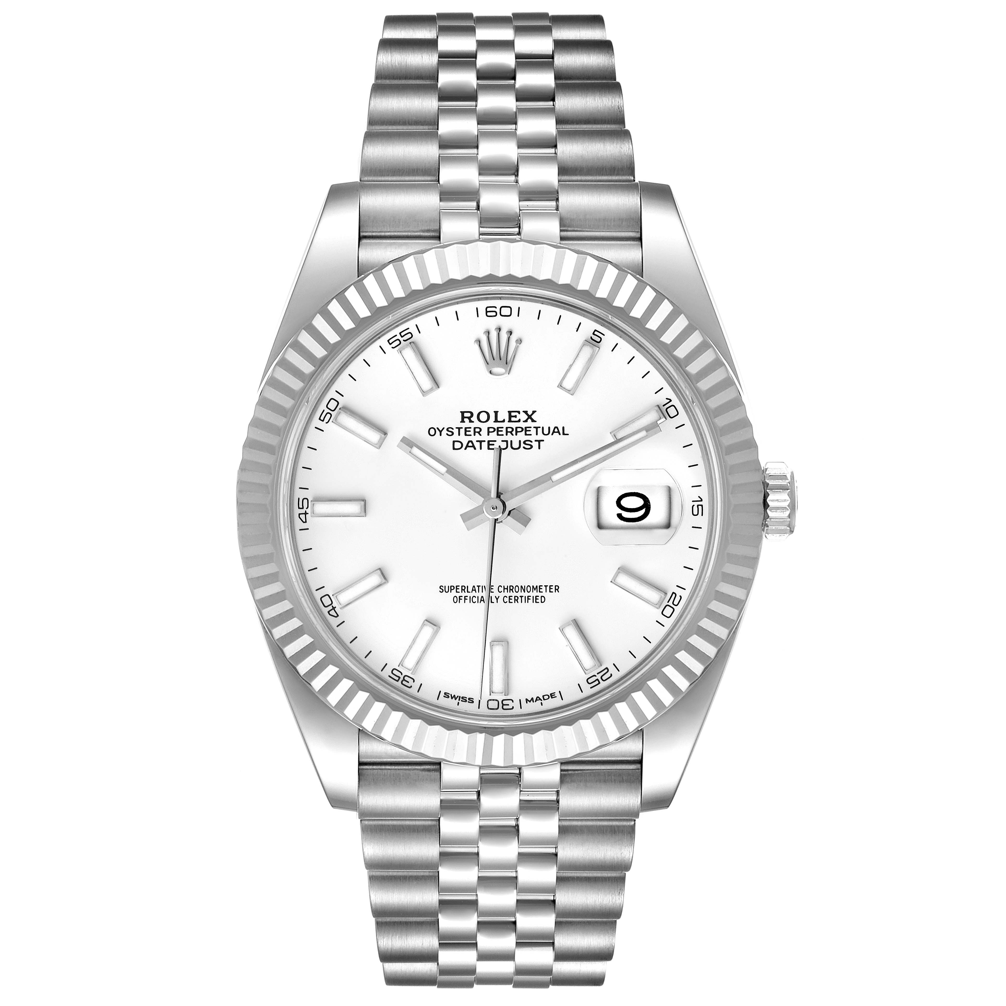 The image shows a front view of a Rolex Datejust 41 126334 Men's Stainless Steel White Dial 126334 Men's Stainless Steel White Dial watch, displaying the dial, bezel, bracelet, and crown.
