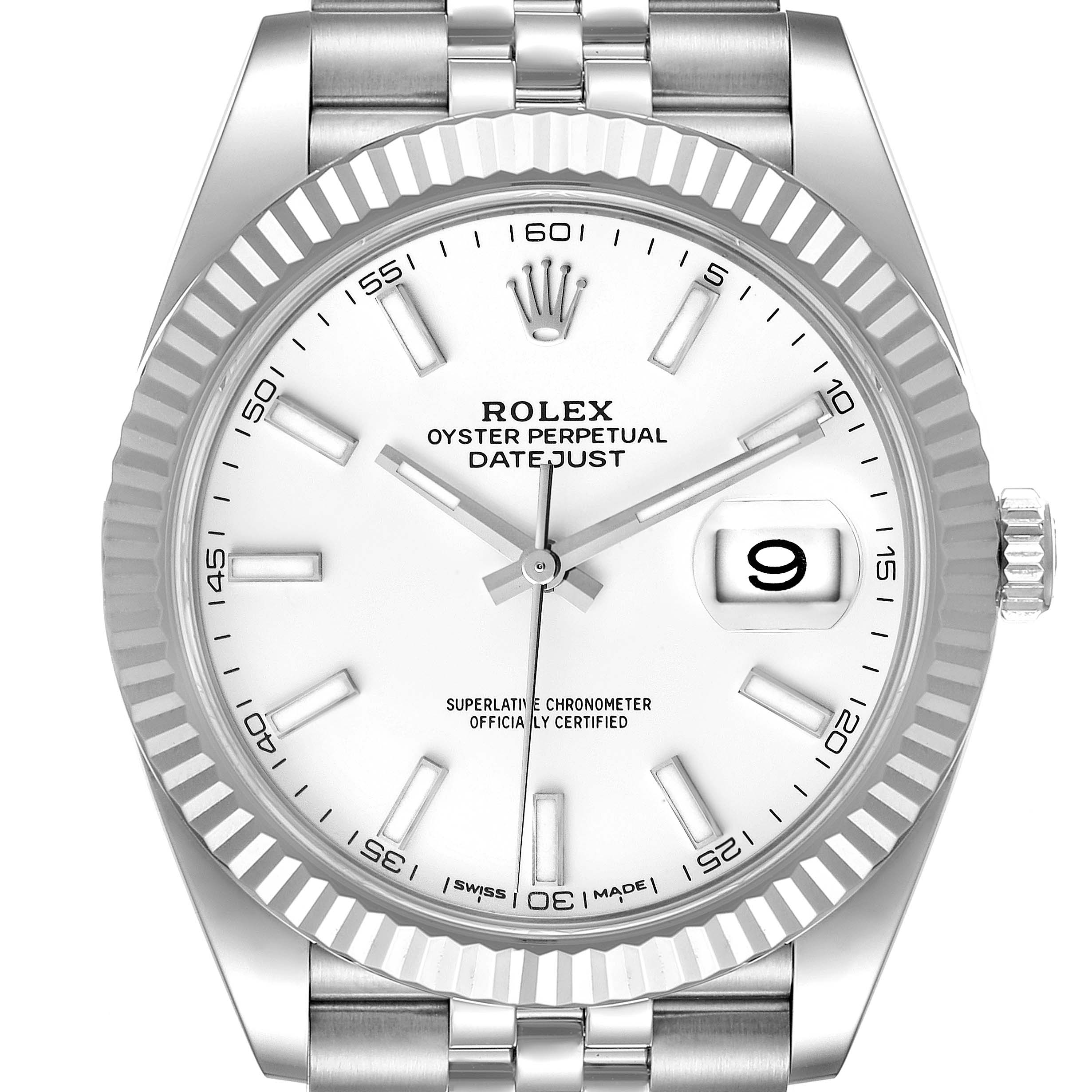 The image shows a front view of a Rolex Datejust 41 126334 Men's Stainless Steel White Dial 126334 Men's Stainless Steel White Dial watch, highlighting its dial, bezel, and part of the bracelet.