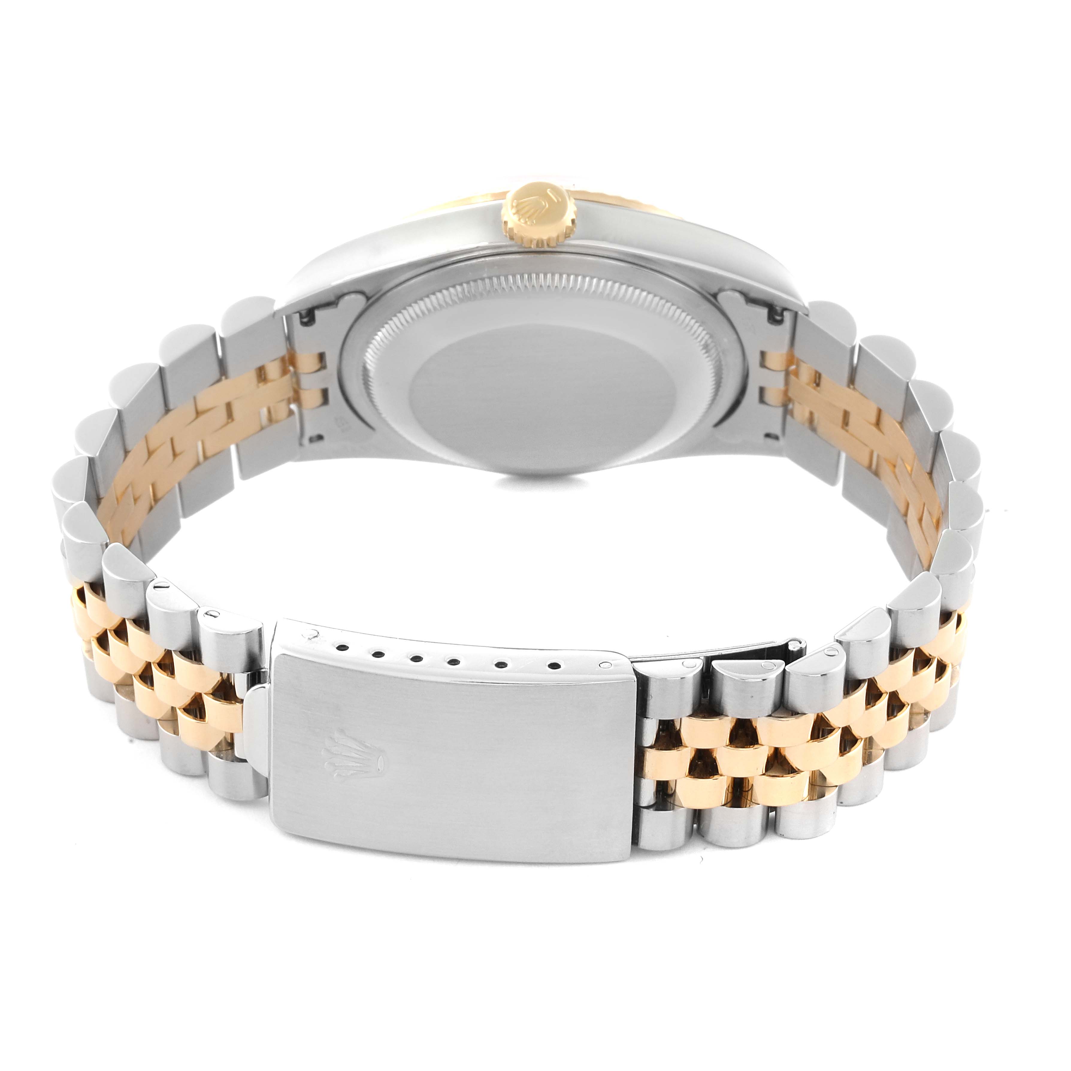 The image shows the back angle of a Rolex Datejust 16233 Men's Steel and Gold (two tone) Champagne Dial 16233 Men's Steel and Gold (two tone) Champagne Dial watch, highlighting the case back, crown, and Jubilee bracelet.