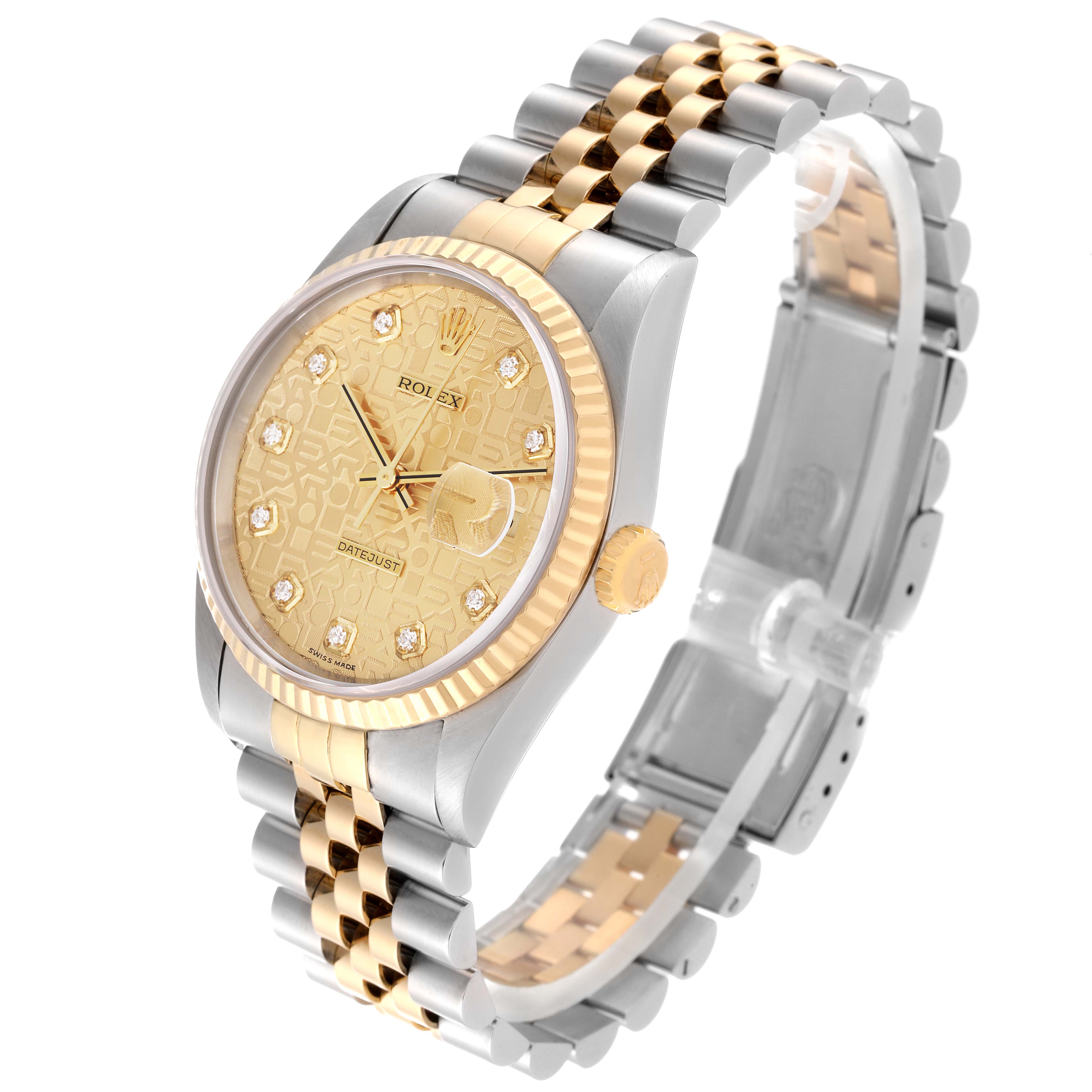 The Rolex Datejust 16233 Men's Steel and Gold (two tone) Champagne Dial 16233 Men's Steel and Gold (two tone) Champagne Dial watch is shown from a three-quarter angle, displaying the dial, bezel, crown, and partially the bracelet.
