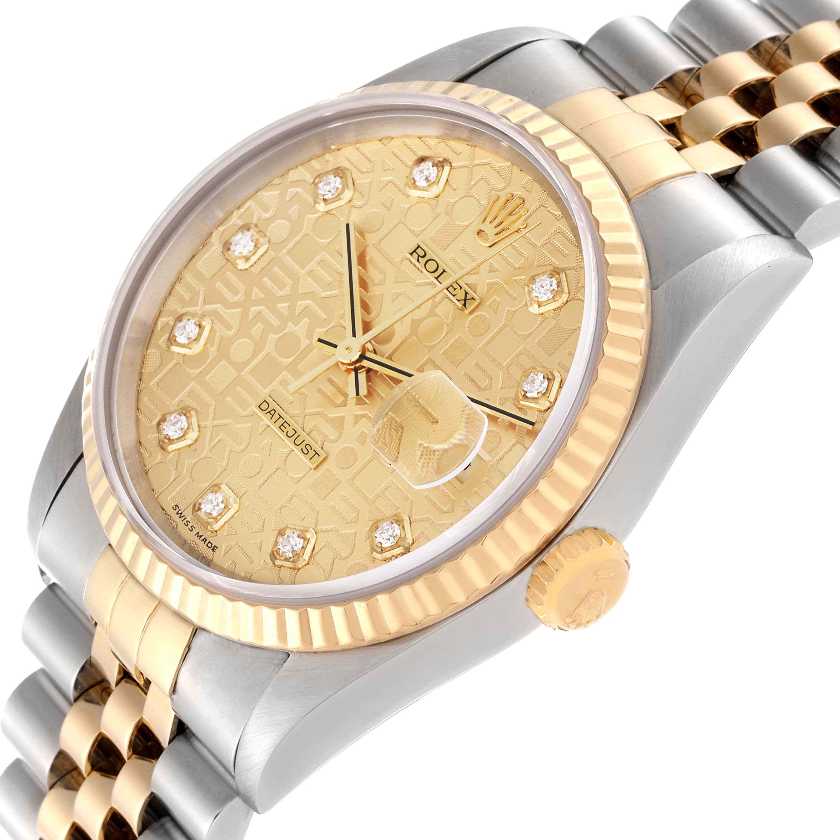 This image features a Rolex Datejust 16233 Men's Steel and Gold (two tone) Champagne Dial 16233 Men's Steel and Gold (two tone) Champagne Dial watch displaying its dial, bezel, and bracelet at an angled view.