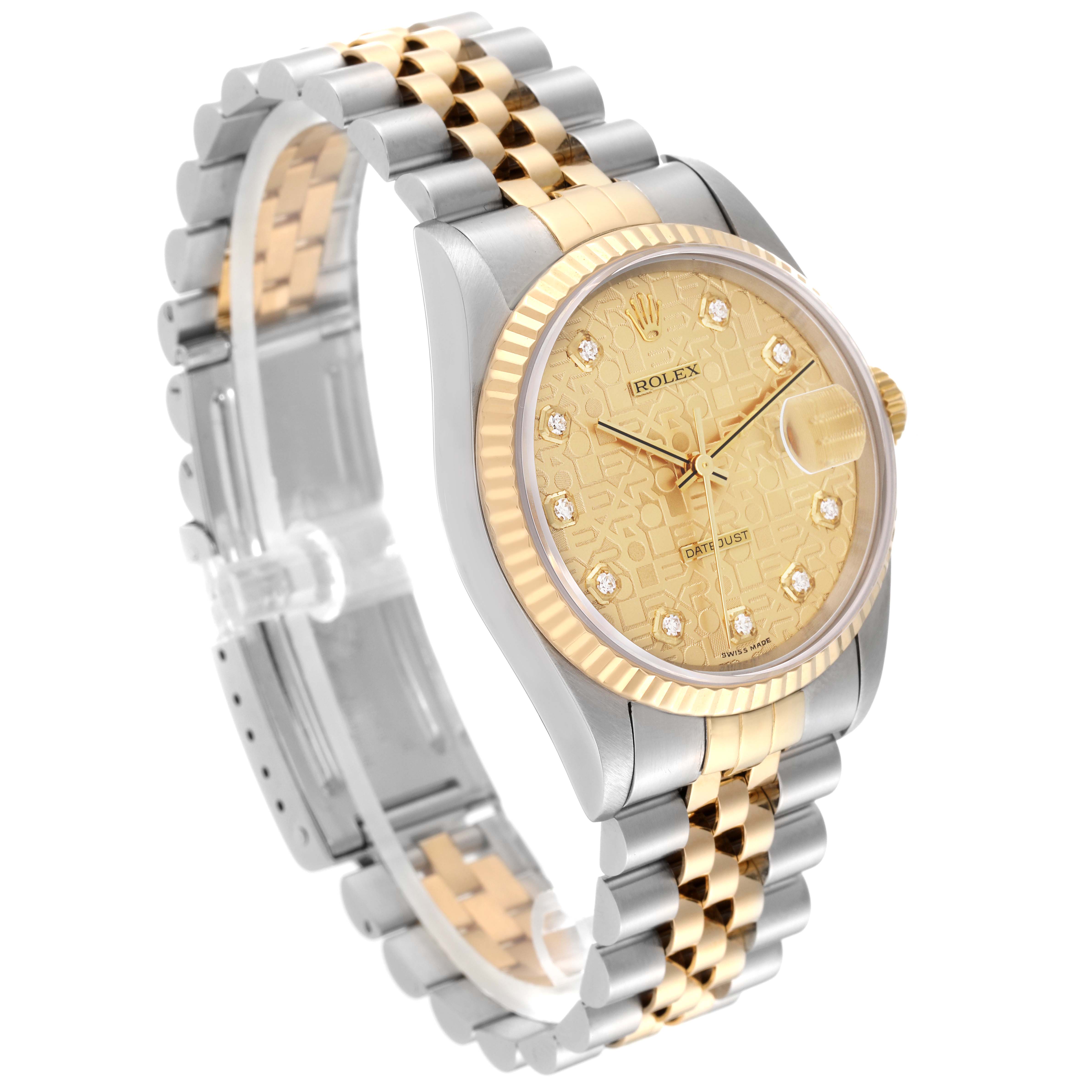 This Rolex Datejust 16233 Men's Steel and Gold (two tone) Champagne Dial 16233 Men's Steel and Gold (two tone) Champagne Dial watch is shown at an oblique angle, displaying the watch face and two-tone bracelet.
