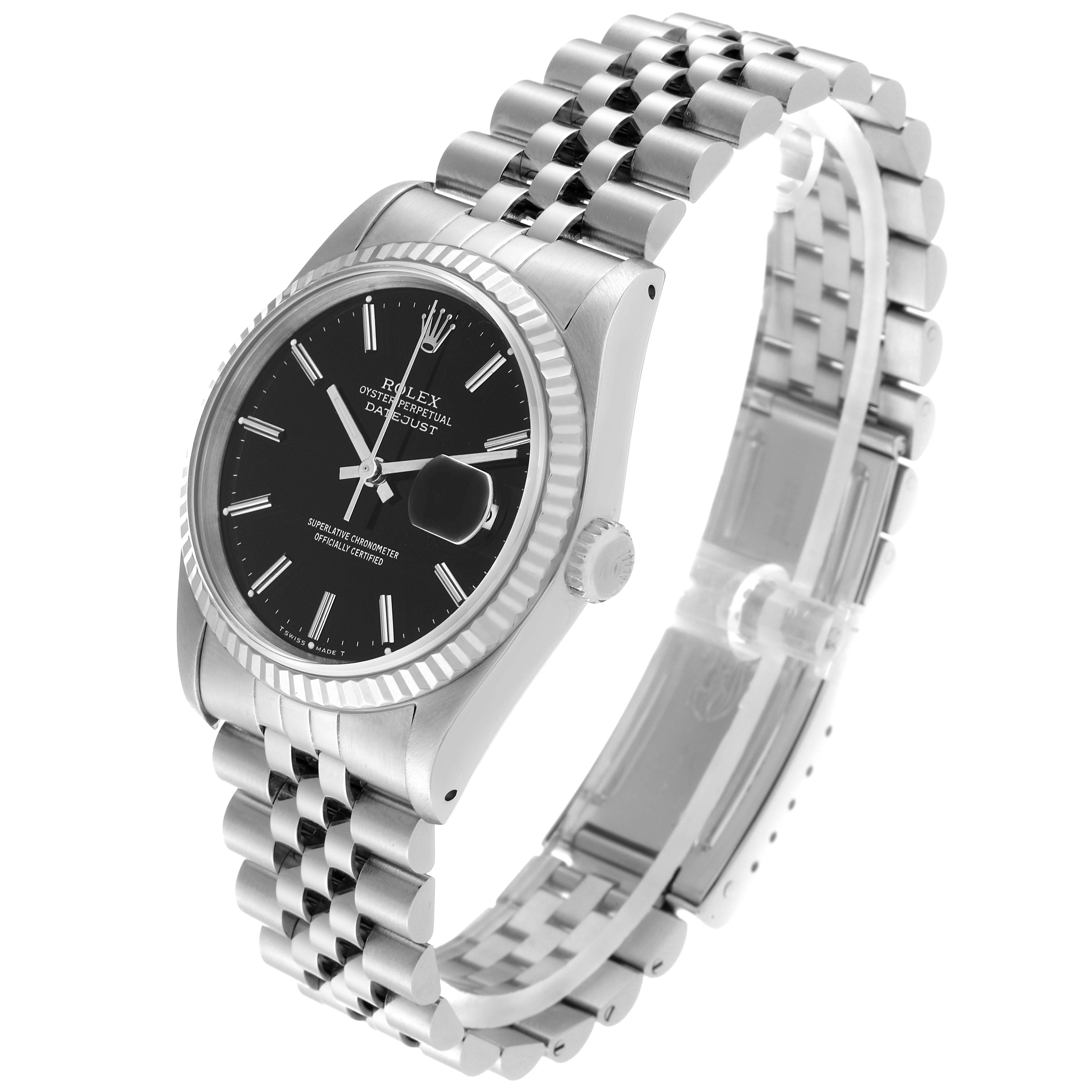 This image shows a Rolex Datejust 16234 Men's Stainless Steel Black Dial 16234 Men's Stainless Steel Black Dial watch at an angled perspective, highlighting the face, bezel, crown, and bracelet.