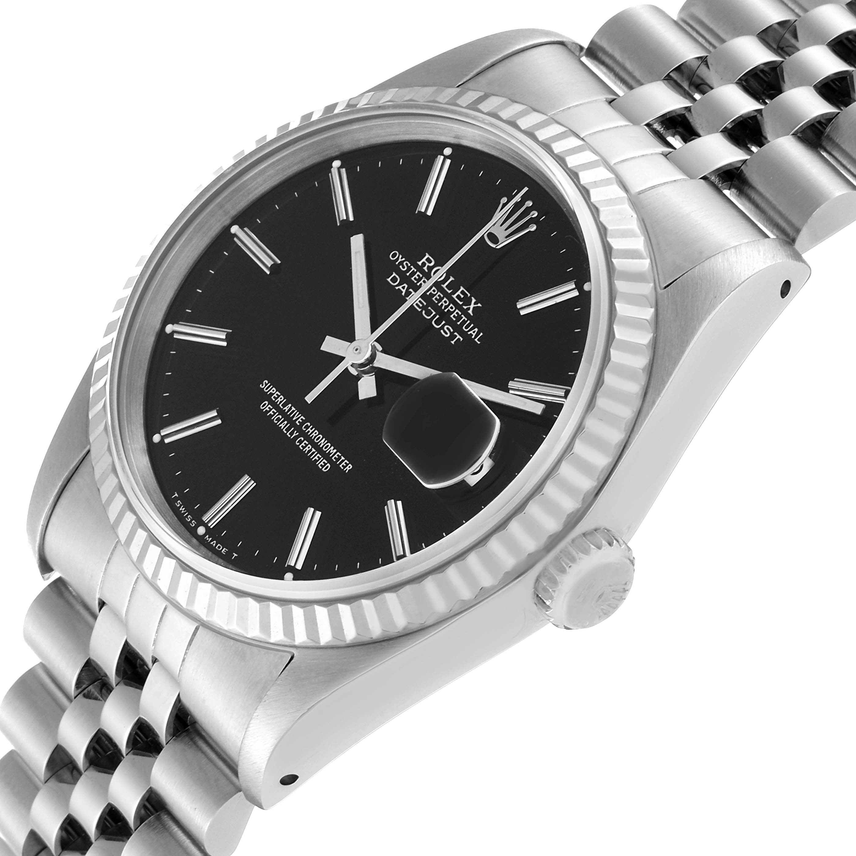 This image showcases a Rolex Datejust 16234 Men's Stainless Steel Black Dial 16234 Men's Stainless Steel Black Dial watch from an angled perspective, highlighting the dial, bezel, and part of the bracelet.